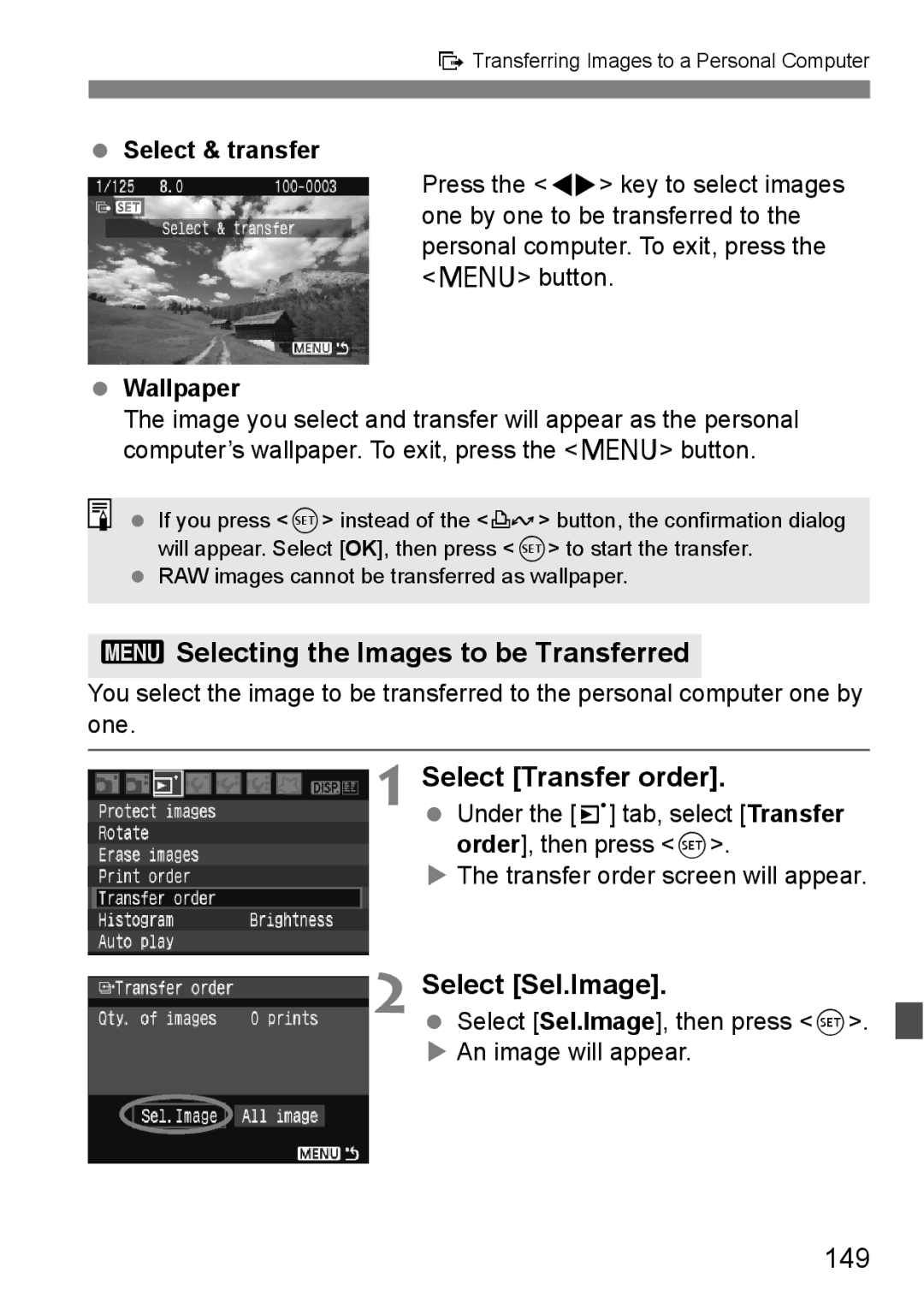 Canon EOS 1000D instruction manual 3Selecting the Images to be Transferred, Select Transfer order, Select Sel.Image, 149 