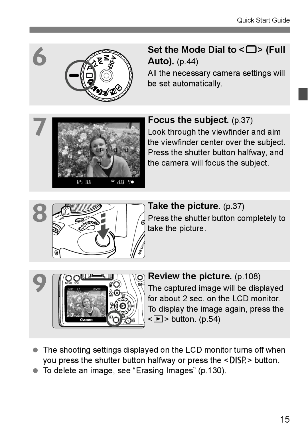 Canon EOS 1000D instruction manual Set the Mode Dial to 1 Full, Auto. p.44, Focus the subject. p.37, Take the picture. p.37 