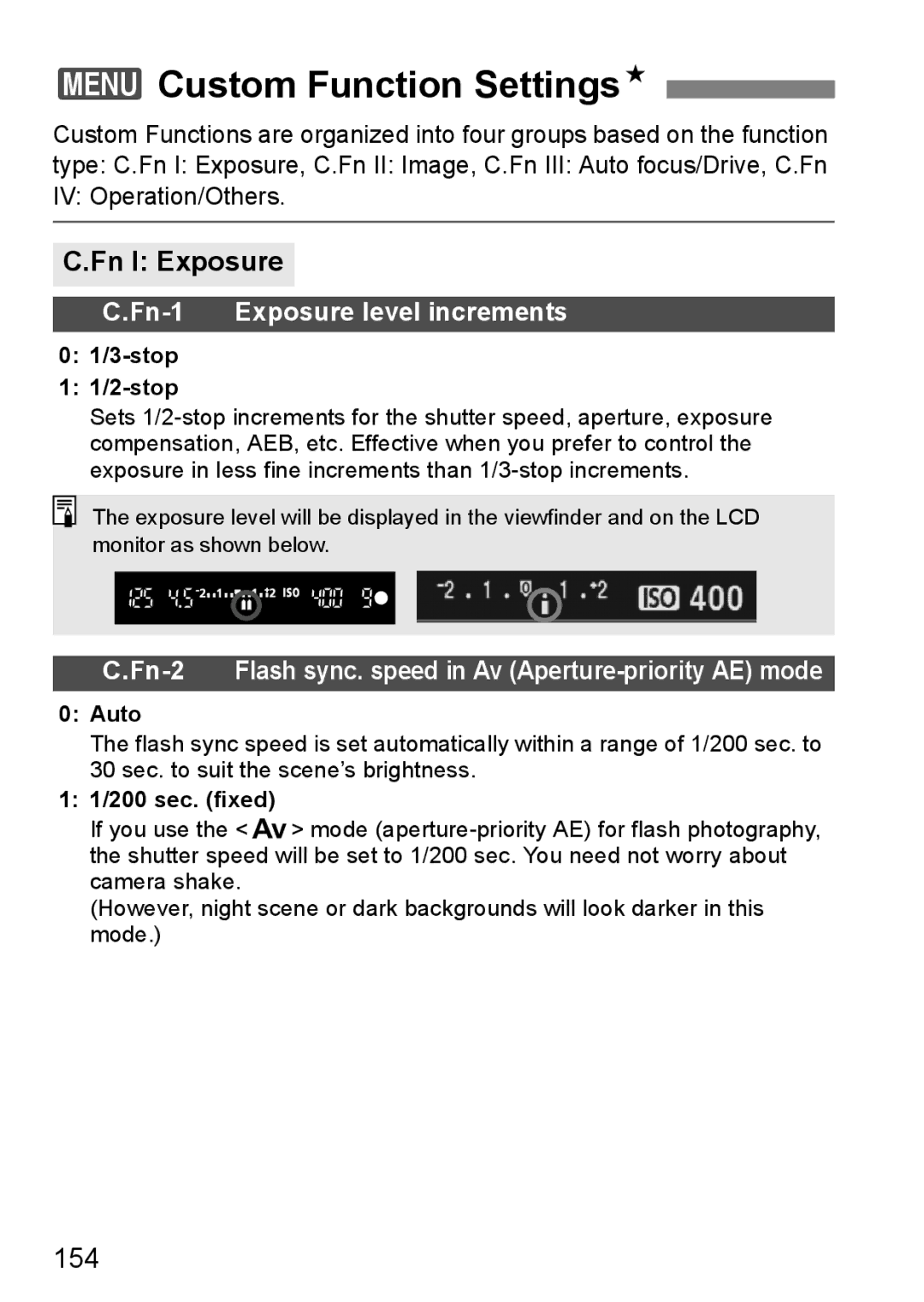 Canon EOS 1000D instruction manual 3Custom Function SettingsN, Fn I Exposure, 154 