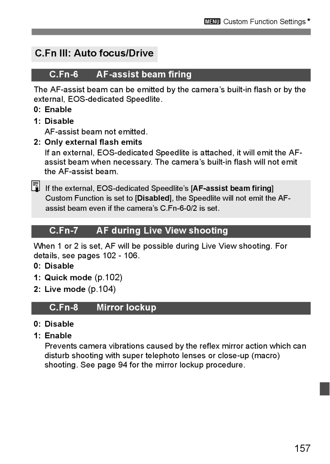 Canon EOS 1000D instruction manual Fn III Auto focus/Drive, 157 