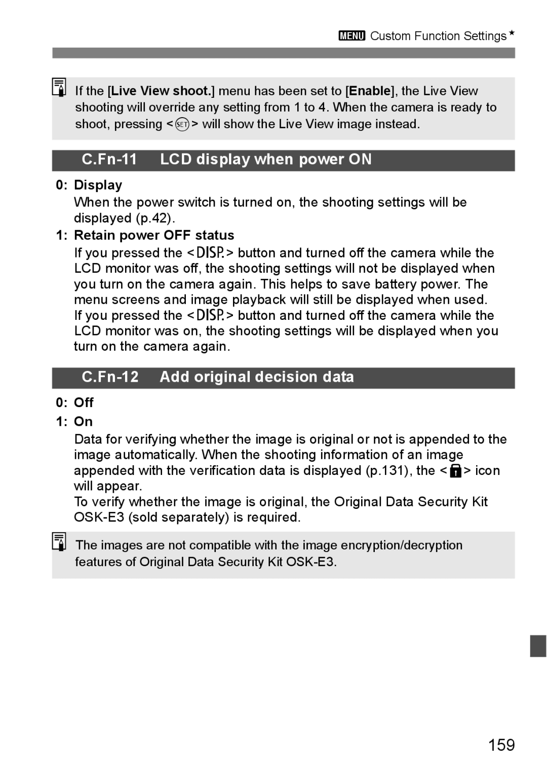 Canon EOS 1000D instruction manual 159, Display, Retain power OFF status 