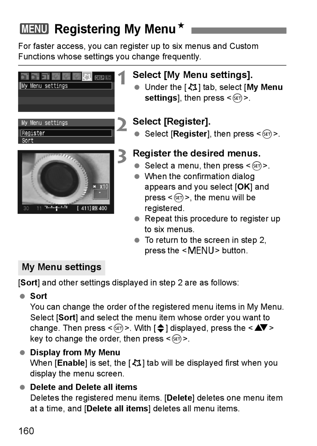 Canon EOS 1000D 3Registering My MenuN, Select My Menu settings, Select Register, Register the desired menus 