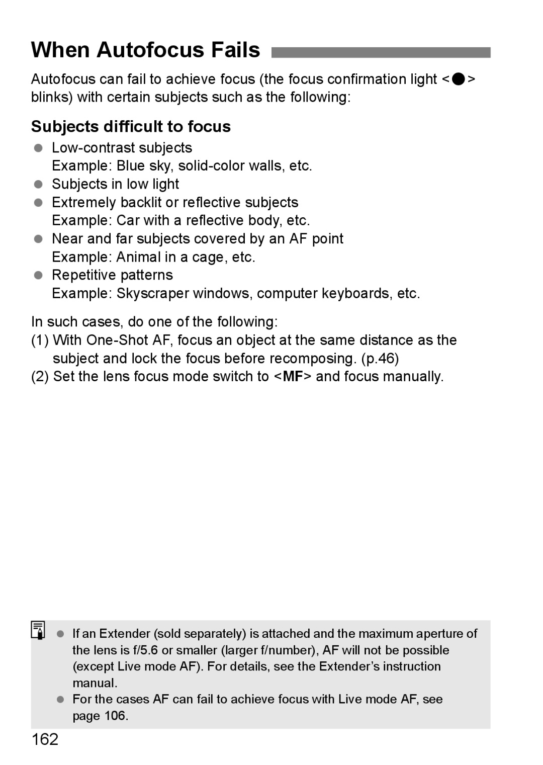 Canon EOS 1000D instruction manual When Autofocus Fails, Subjects difficult to focus, 162 