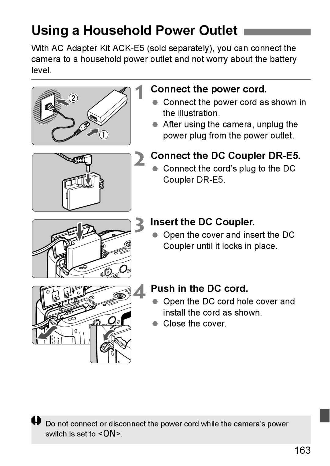 Canon EOS 1000D Using a Household Power Outlet, Connect the power cord, Connect the DC Coupler DR-E5, Push in the DC cord 