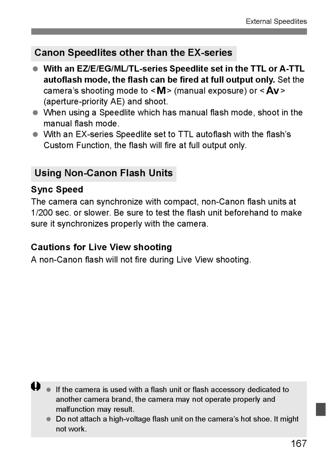 Canon EOS 1000D instruction manual Canon Speedlites other than the EX-series, Using Non-Canon Flash Units, 167, Sync Speed 