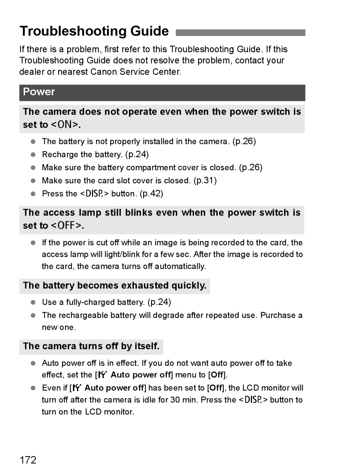 Canon EOS 1000D Troubleshooting Guide, 172, Battery becomes exhausted quickly, Camera turns off by itself 