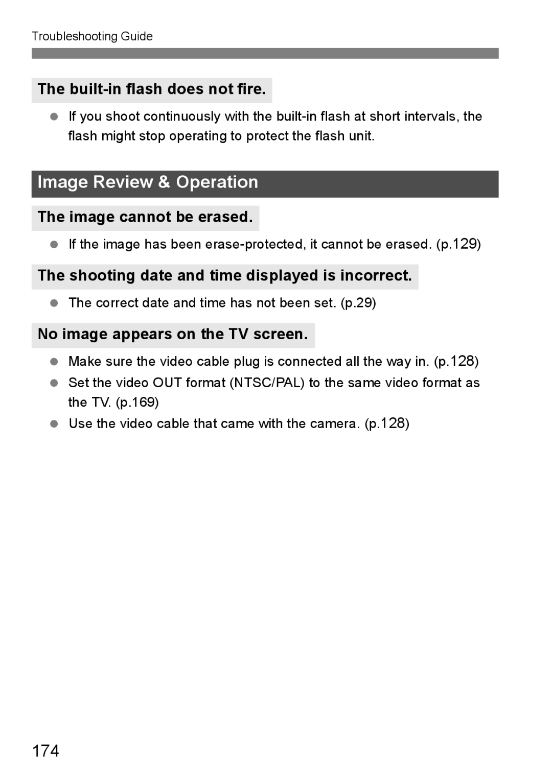 Canon EOS 1000D 174, Built-in flash does not fire, Image cannot be erased, Shooting date and time displayed is incorrect 