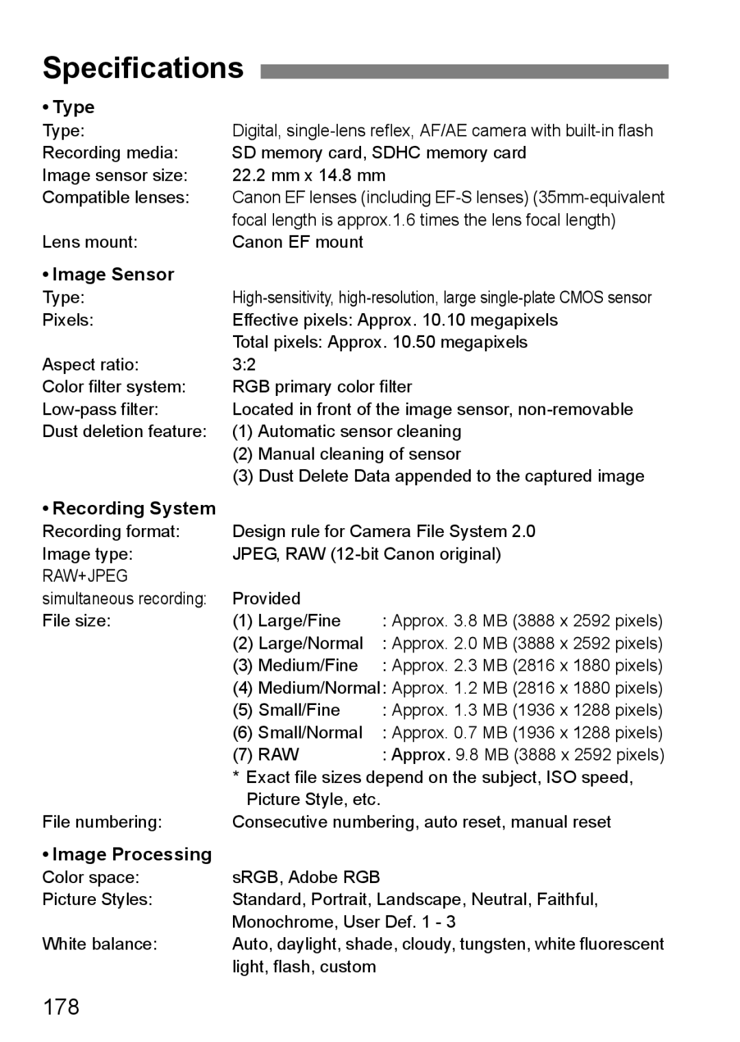 Canon EOS 1000D instruction manual Specifications, 178 