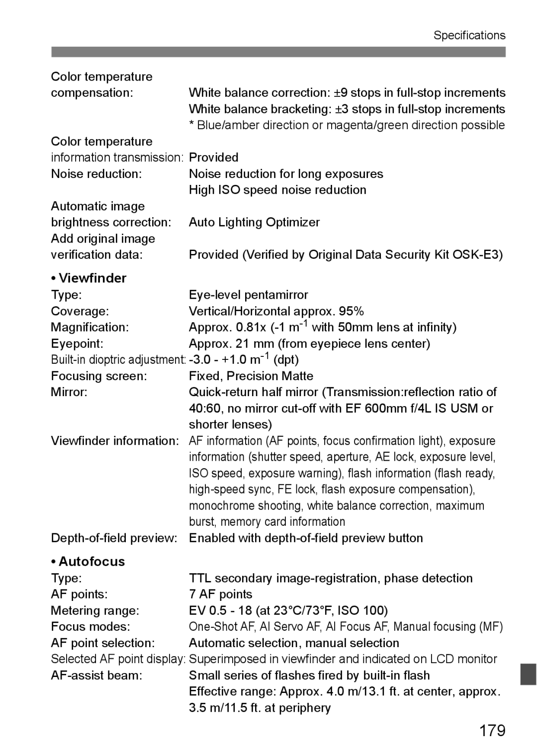 Canon EOS 1000D instruction manual 179, Viewfinder, Autofocus 