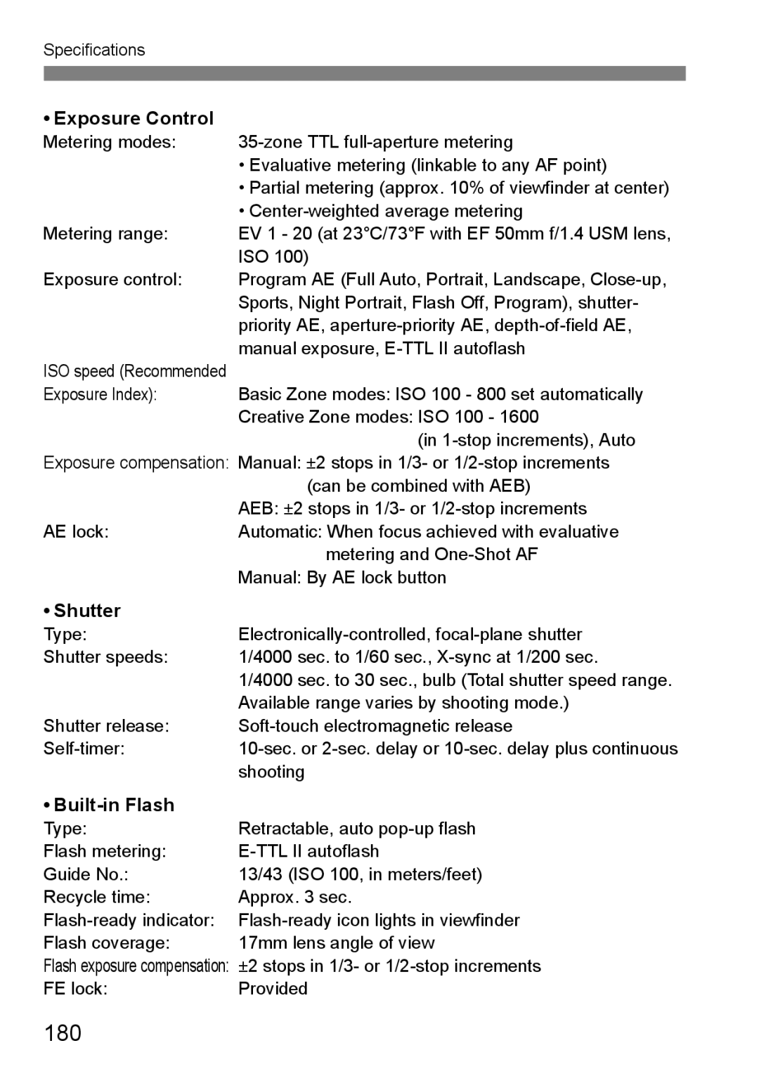 Canon EOS 1000D instruction manual 180, Exposure Control, Shutter, Built-in Flash 