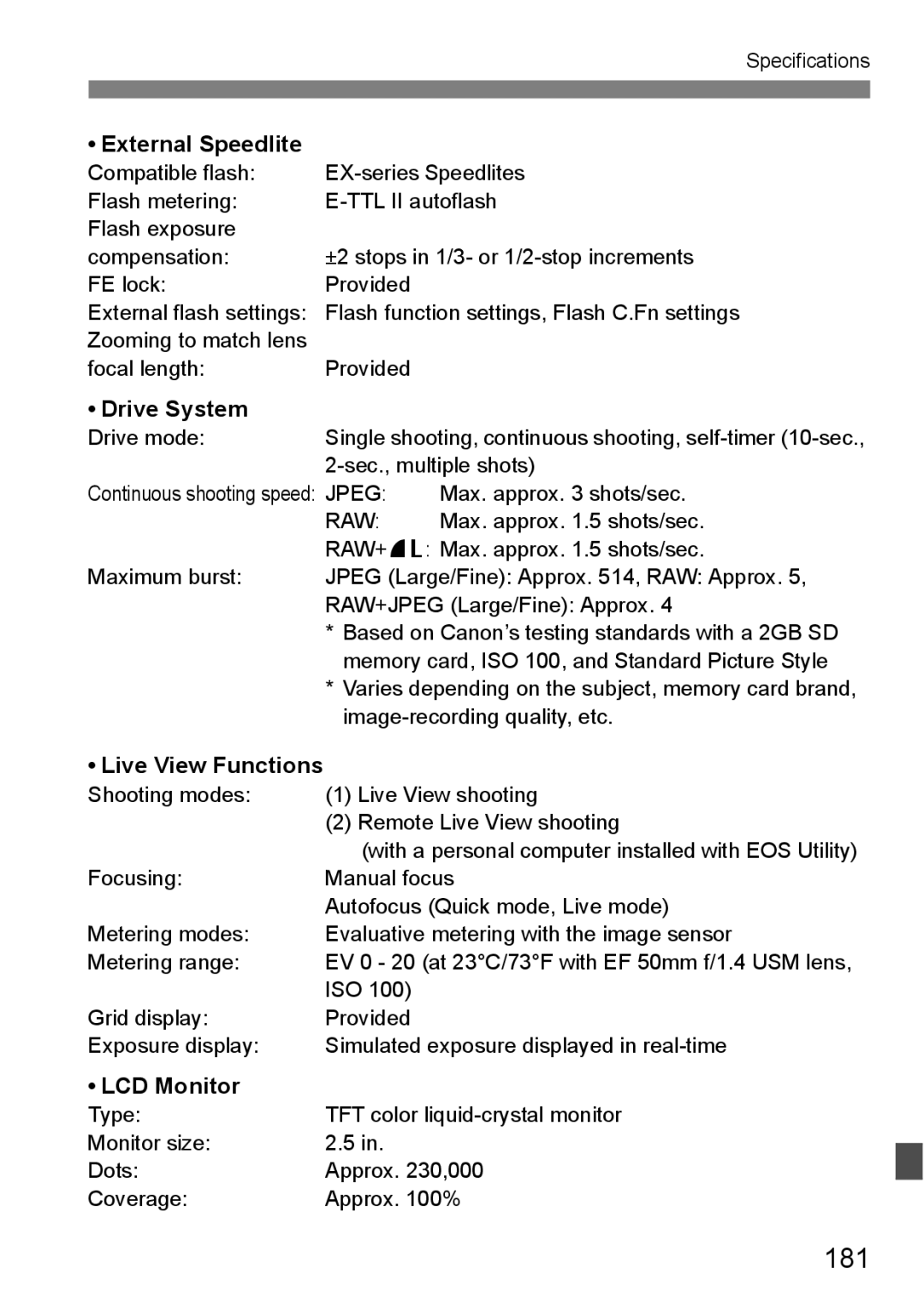 Canon EOS 1000D instruction manual 181, External Speedlite, Drive System, Live View Functions, LCD Monitor 