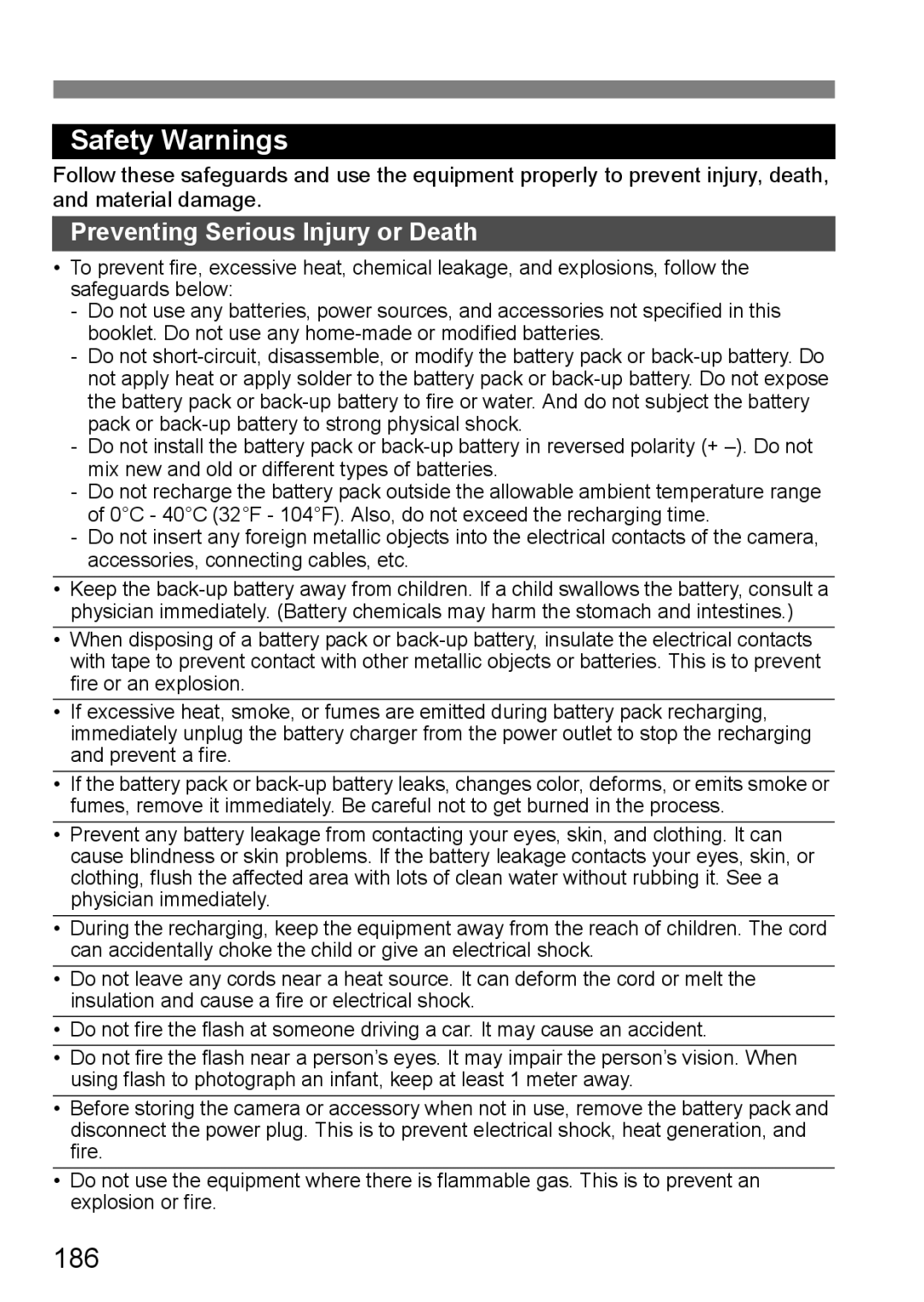 Canon EOS 1000D instruction manual Safety Warnings, 186 