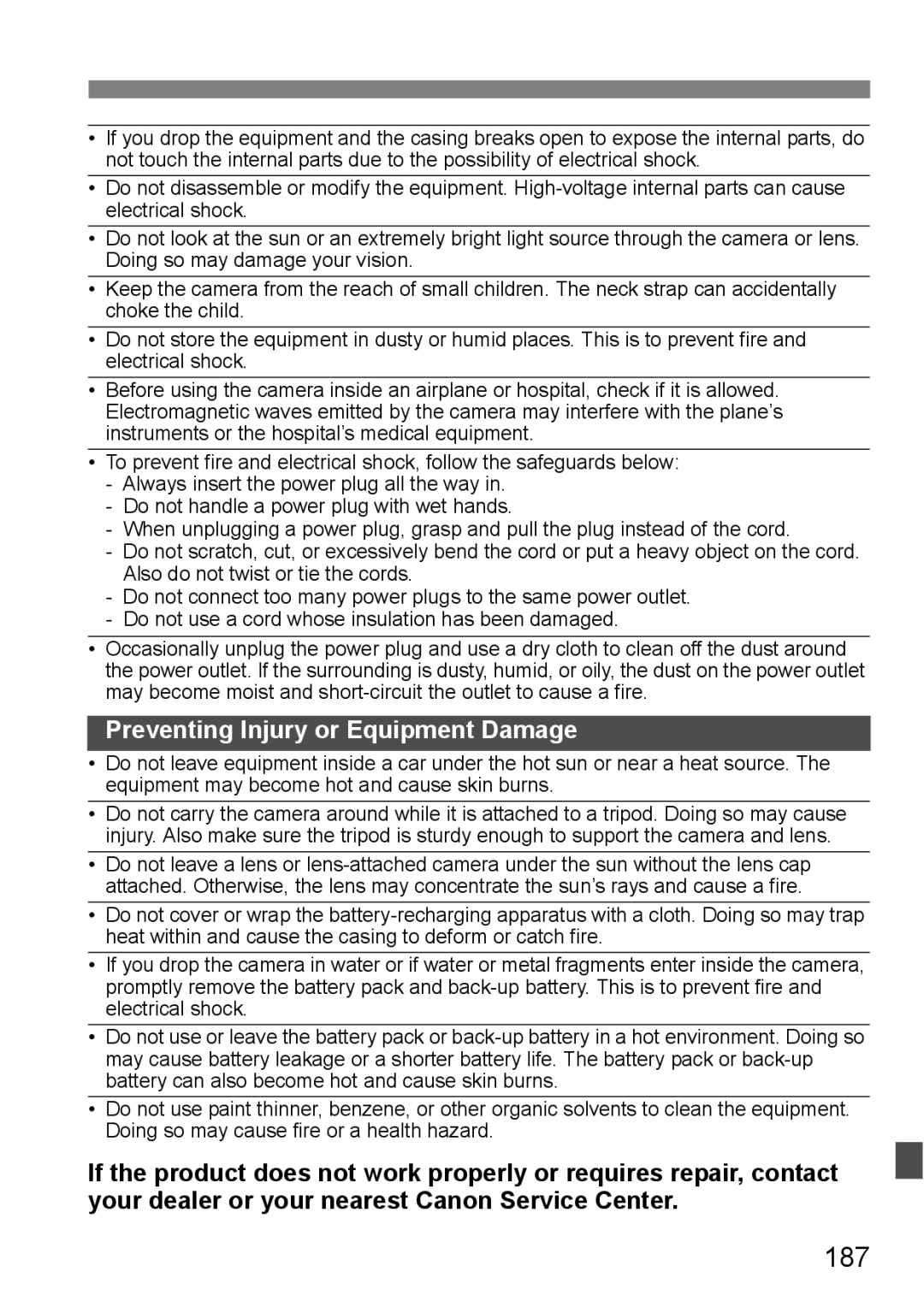 Canon EOS 1000D instruction manual 187, Preventing Injury or Equipment Damage 