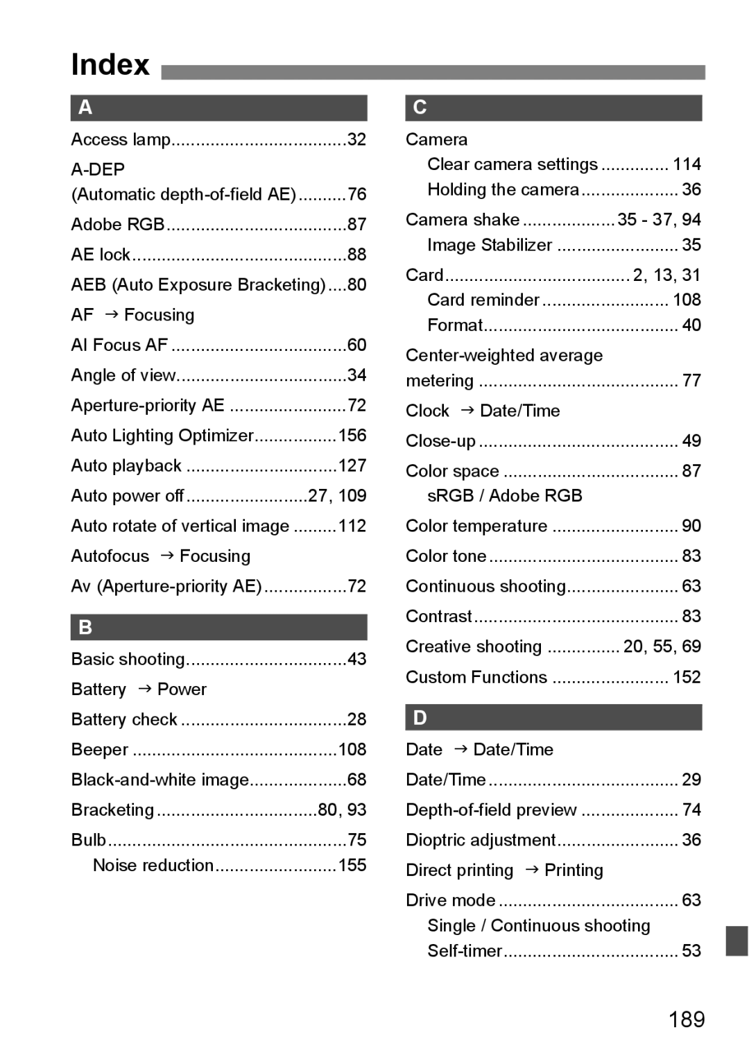 Canon EOS 1000D instruction manual Index, 189 