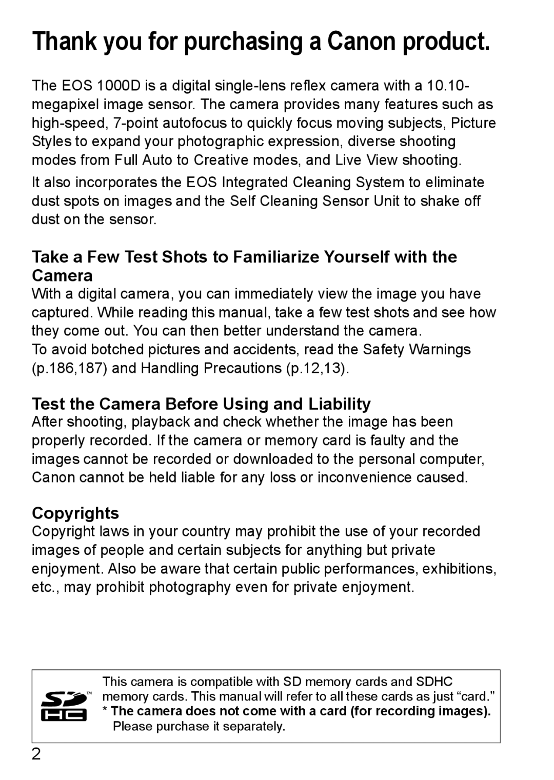 Canon EOS 1000D instruction manual Test the Camera Before Using and Liability, Copyrights 