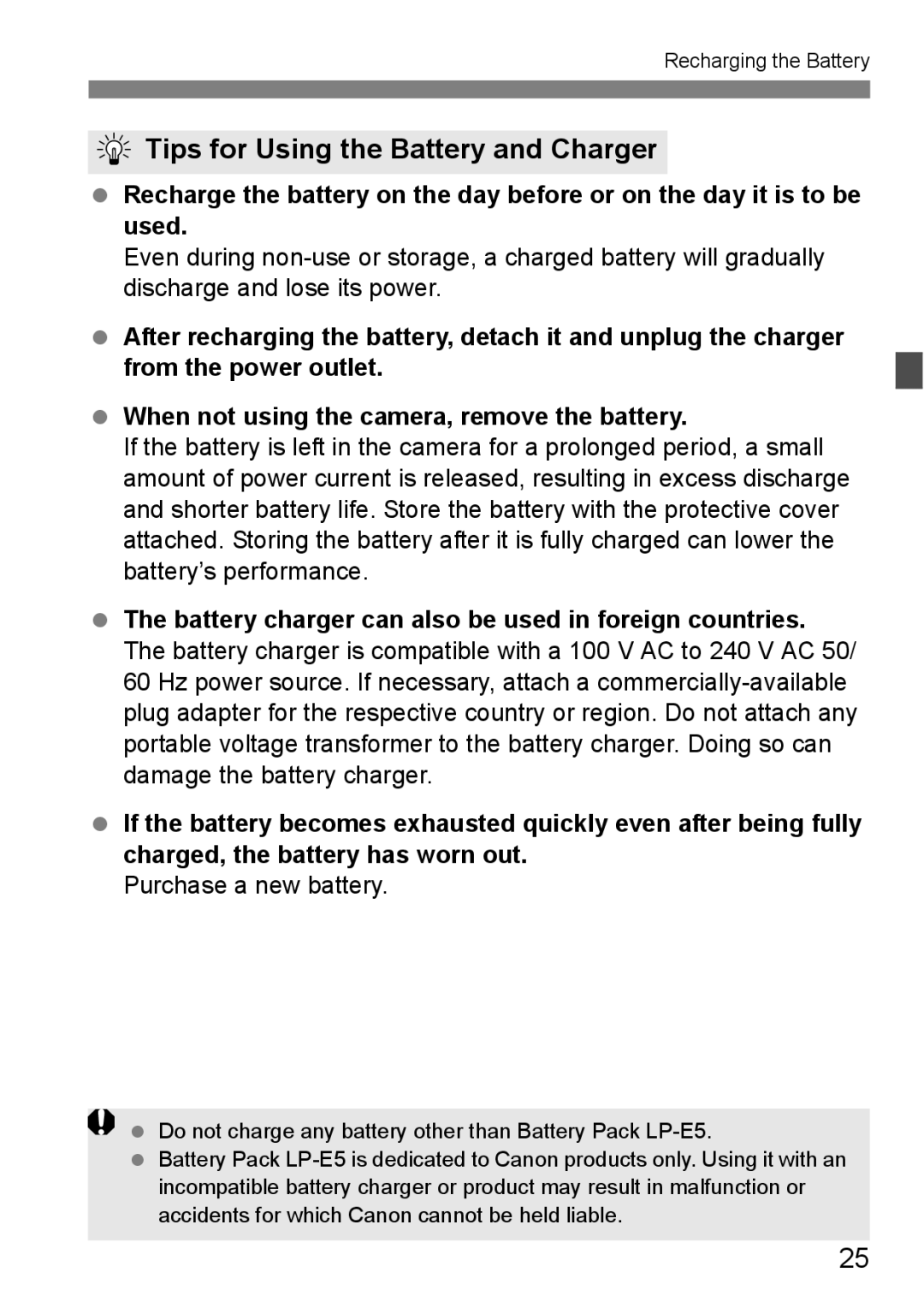 Canon EOS 1000D instruction manual Tips for Using the Battery and Charger, Purchase a new battery 