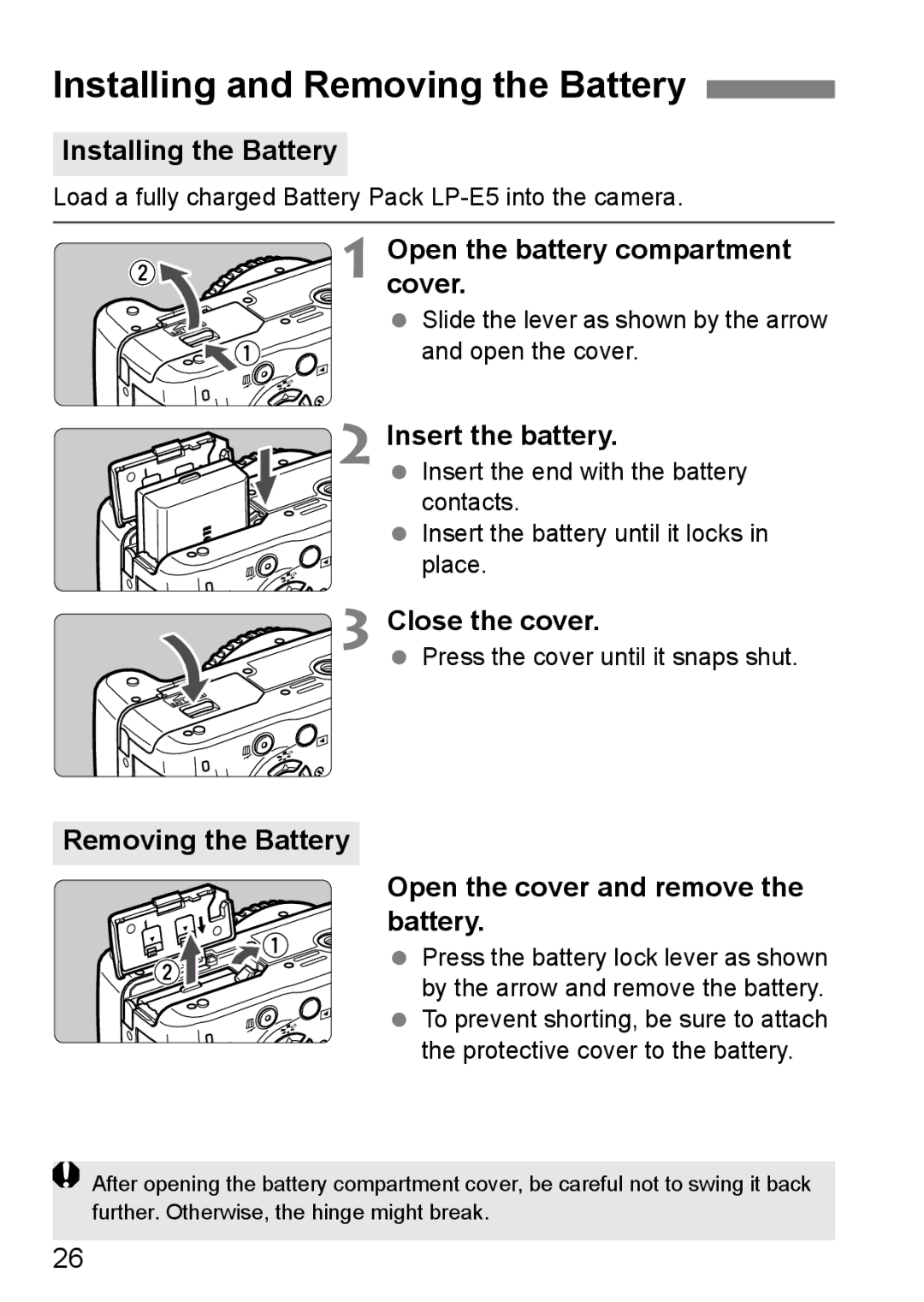 Canon EOS 1000D instruction manual Installing and Removing the Battery 