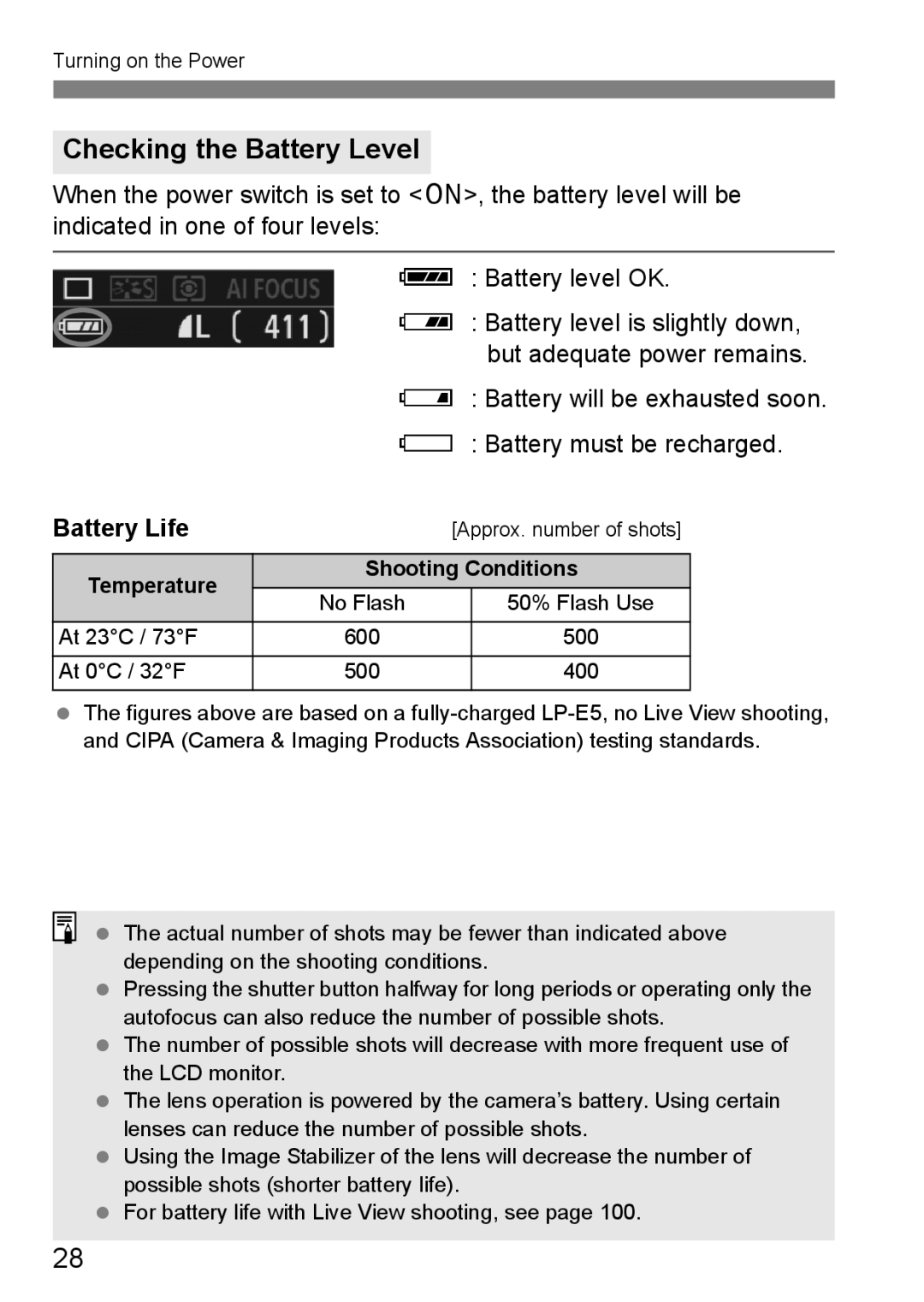 Canon EOS 1000D instruction manual Checking the Battery Level, Battery Life, Temperature Shooting Conditions 