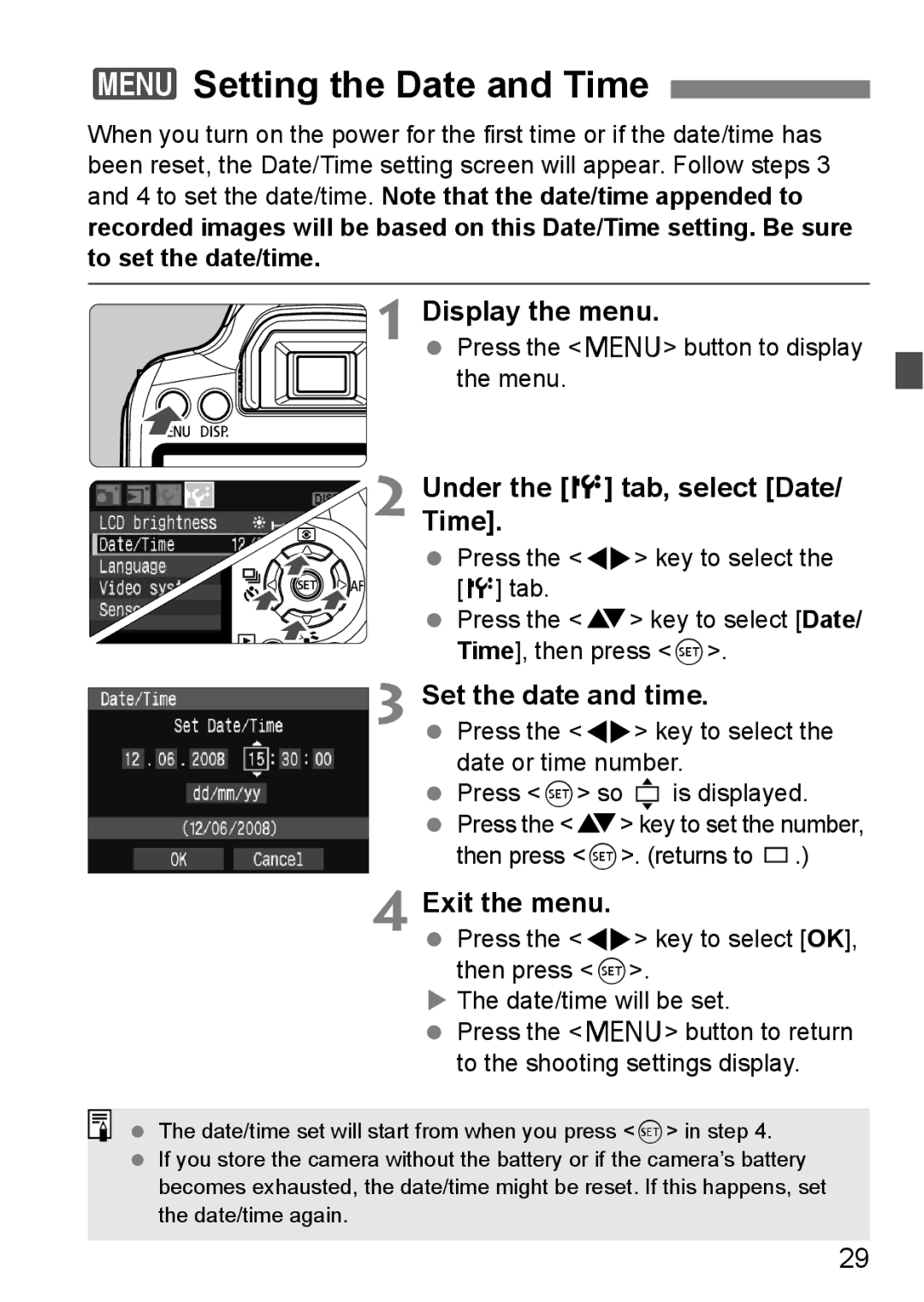 Canon EOS 1000D 3Setting the Date and Time, Display the menu, UnderTime. the 6 tab, select Date, Set the date and time 