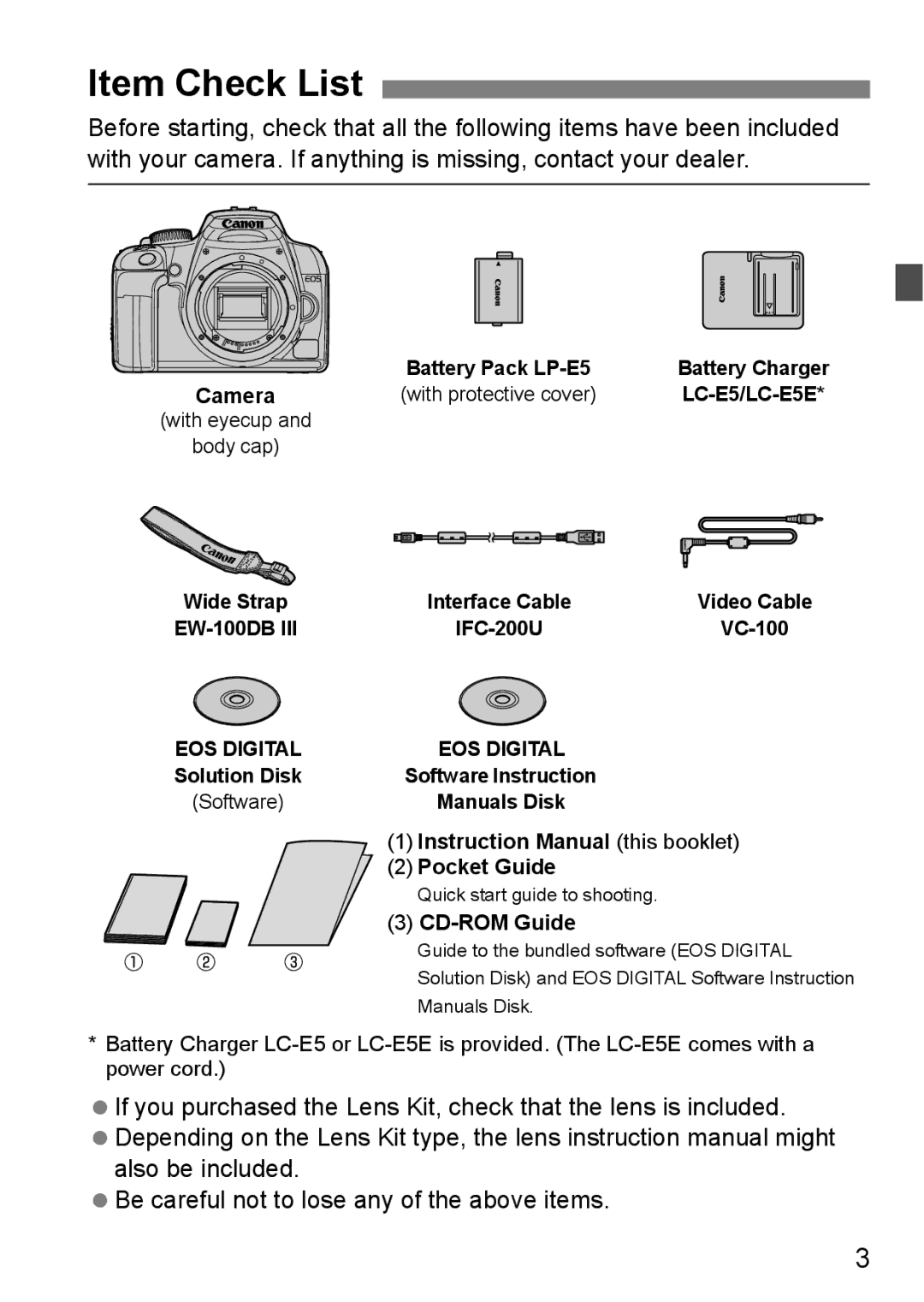 Canon EOS 1000D Item Check List, Be careful not to lose any of the above items, Camera, Pocket Guide, CD-ROM Guide 