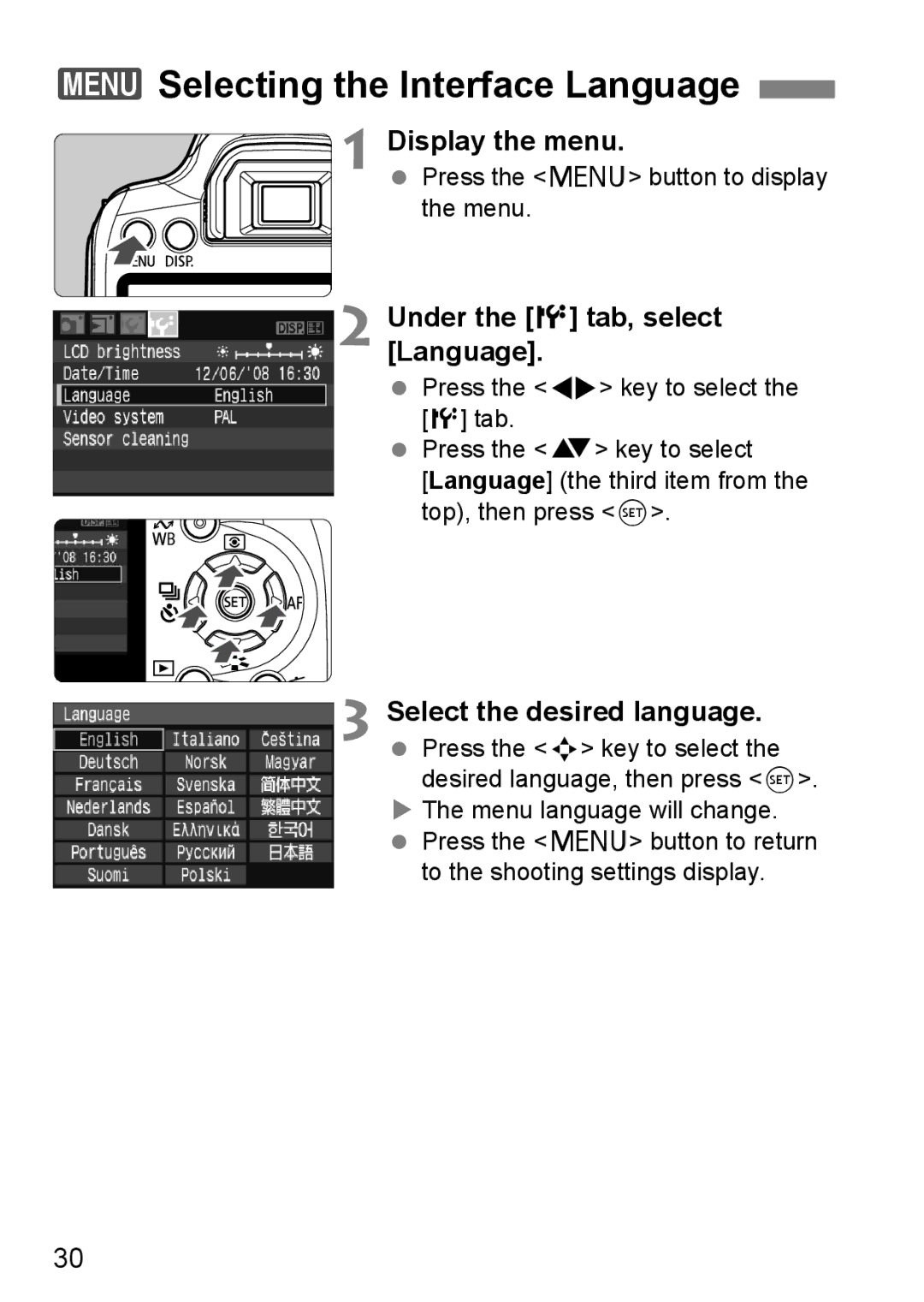 Canon EOS 1000D instruction manual 3Selecting the Interface Language, Under the 6 tab, select Language 