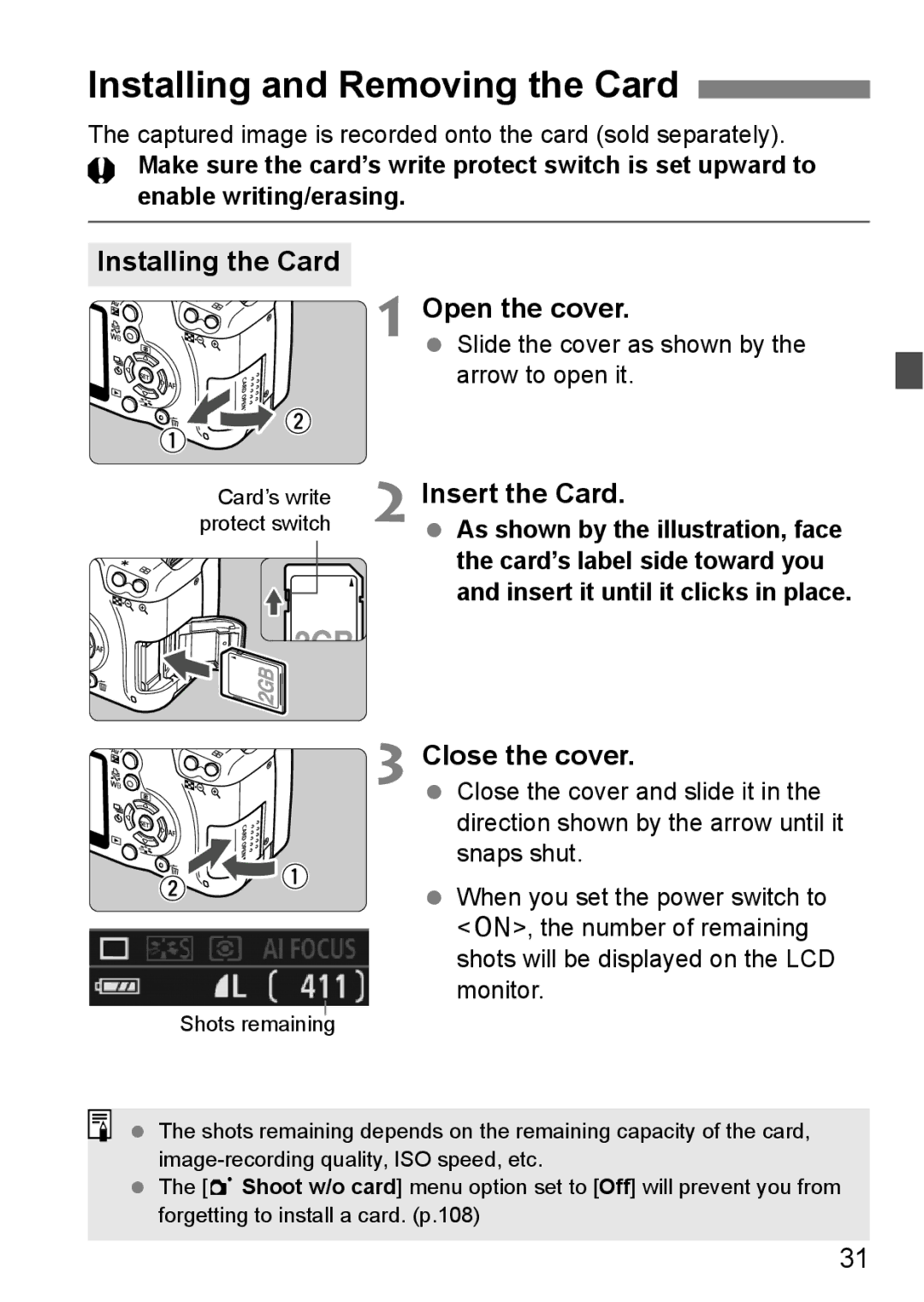 Canon EOS 1000D instruction manual Installing and Removing the Card, Installing the Card Open the cover, Insert the Card 