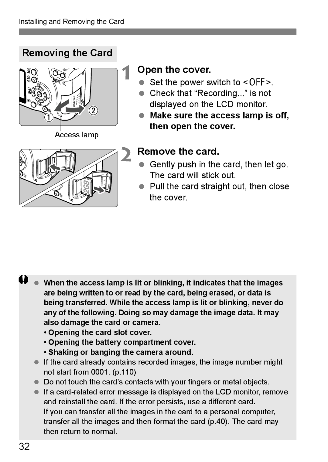 Canon EOS 1000D Removing the Card, Remove the card, Make sure the access lamp is off, then open the cover 