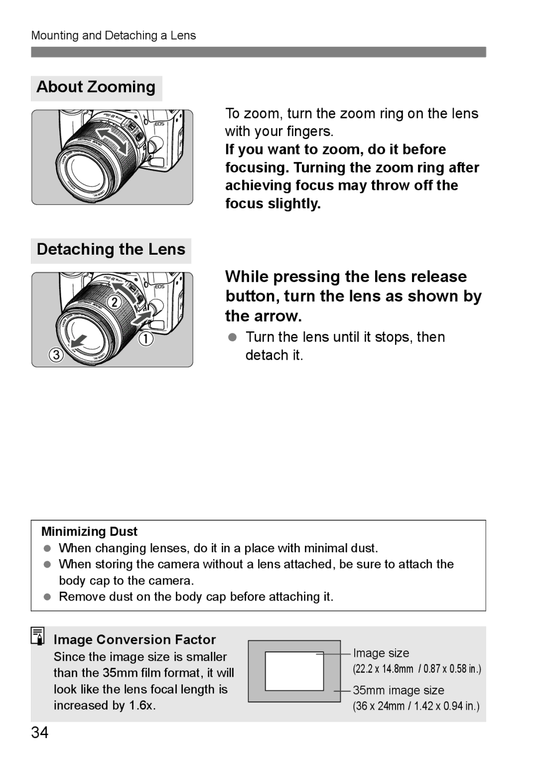 Canon EOS 1000D About Zooming, To zoom, turn the zoom ring on the lens with your fingers, Image Conversion Factor 