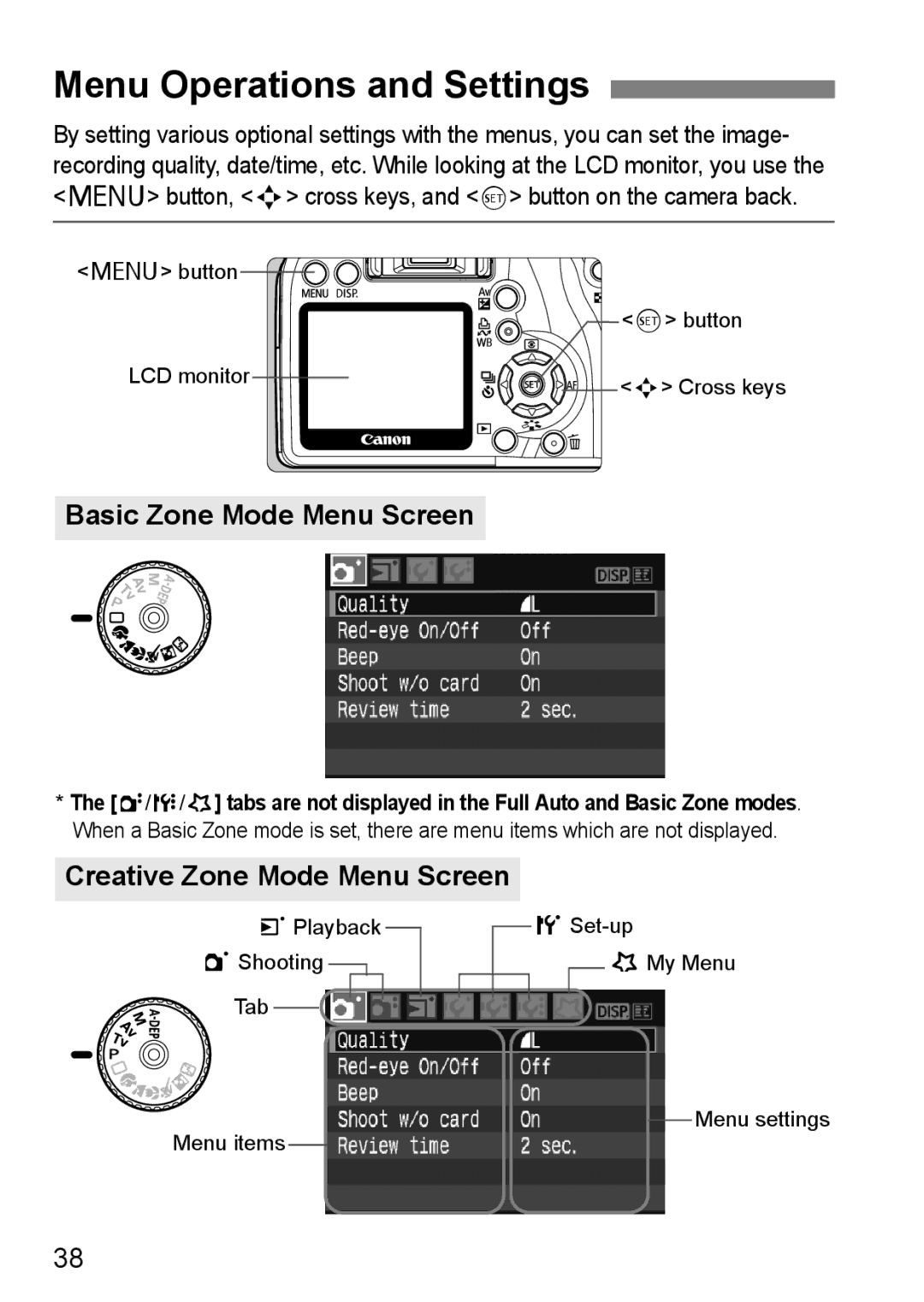 Canon EOS 1000D Menu Operations and Settings, Basic Zone Mode Menu Screen, Creative Zone Mode Menu Screen 