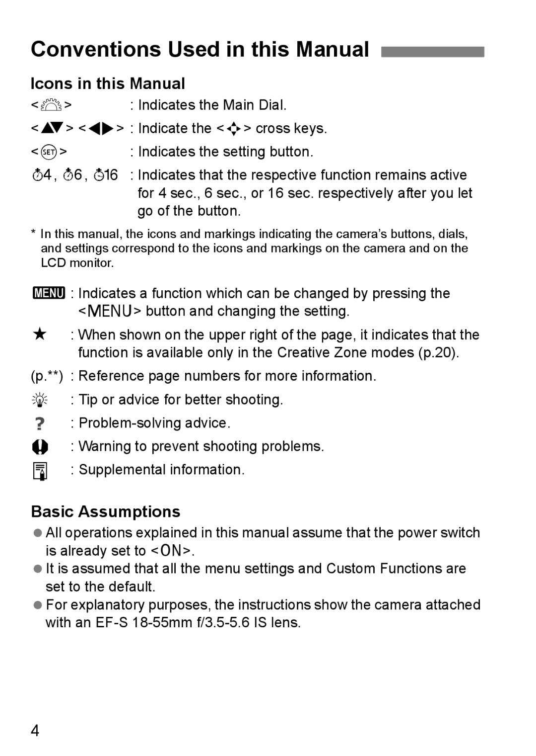 Canon EOS 1000D Conventions Used in this Manual, Icons in this Manual, Basic Assumptions, Indicates the Main Dial 