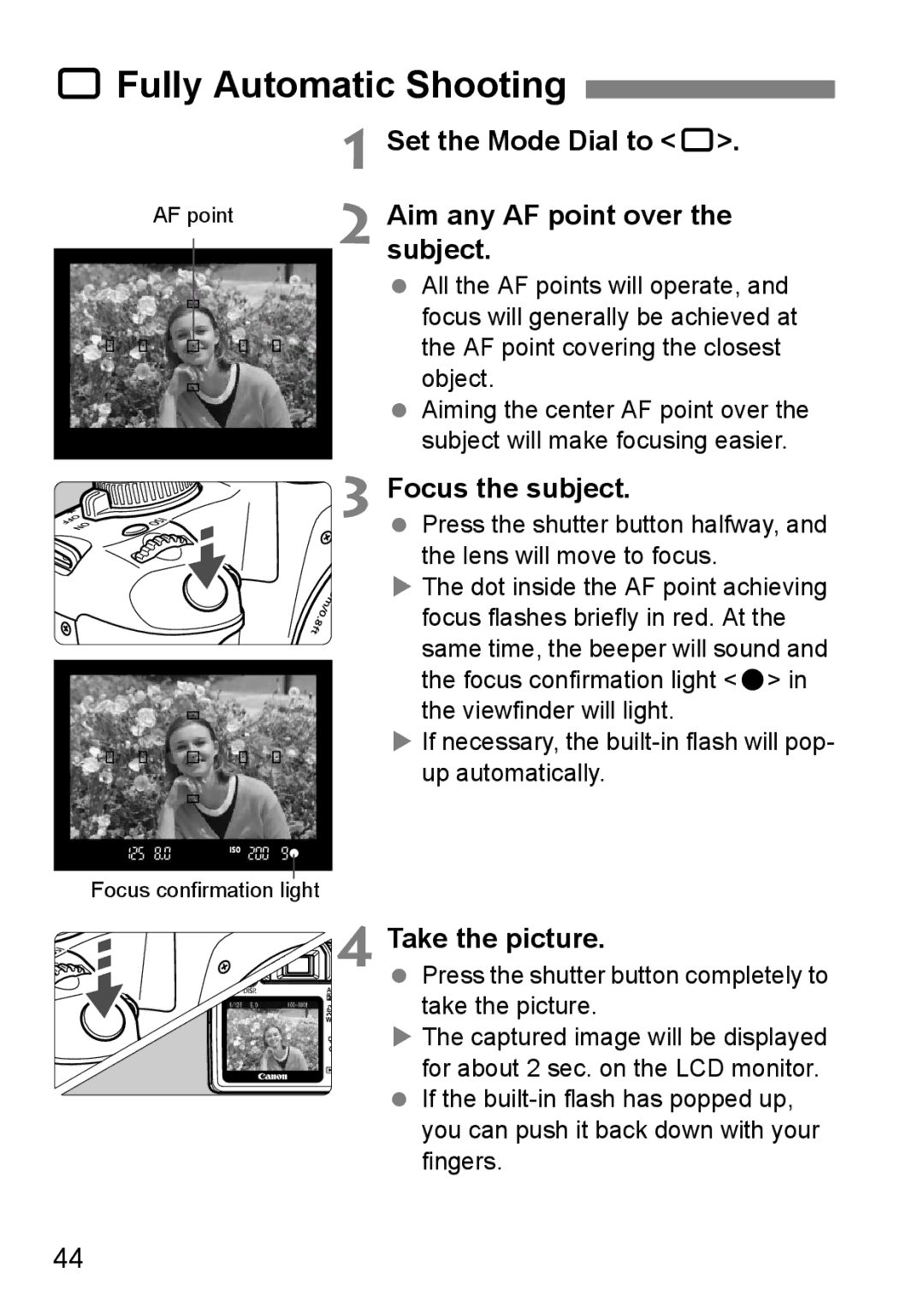 Canon EOS 1000D instruction manual 1Fully Automatic Shooting, AF point 2 Aim any AF point over Subject, Focus the subject 