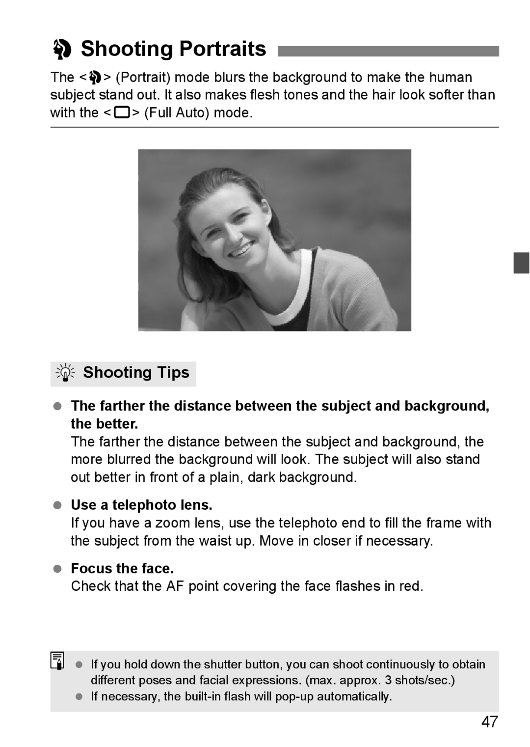 Canon EOS 1000D instruction manual 2Shooting Portraits, Shooting Tips, Use a telephoto lens, Focus the face 