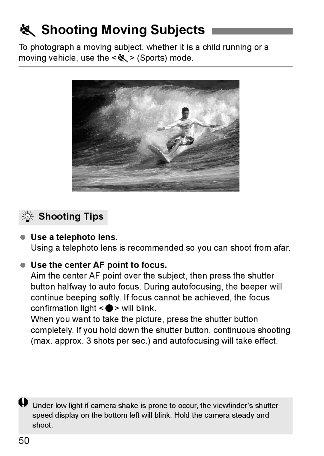 Canon EOS 1000D instruction manual 5Shooting Moving Subjects, Use the center AF point to focus 