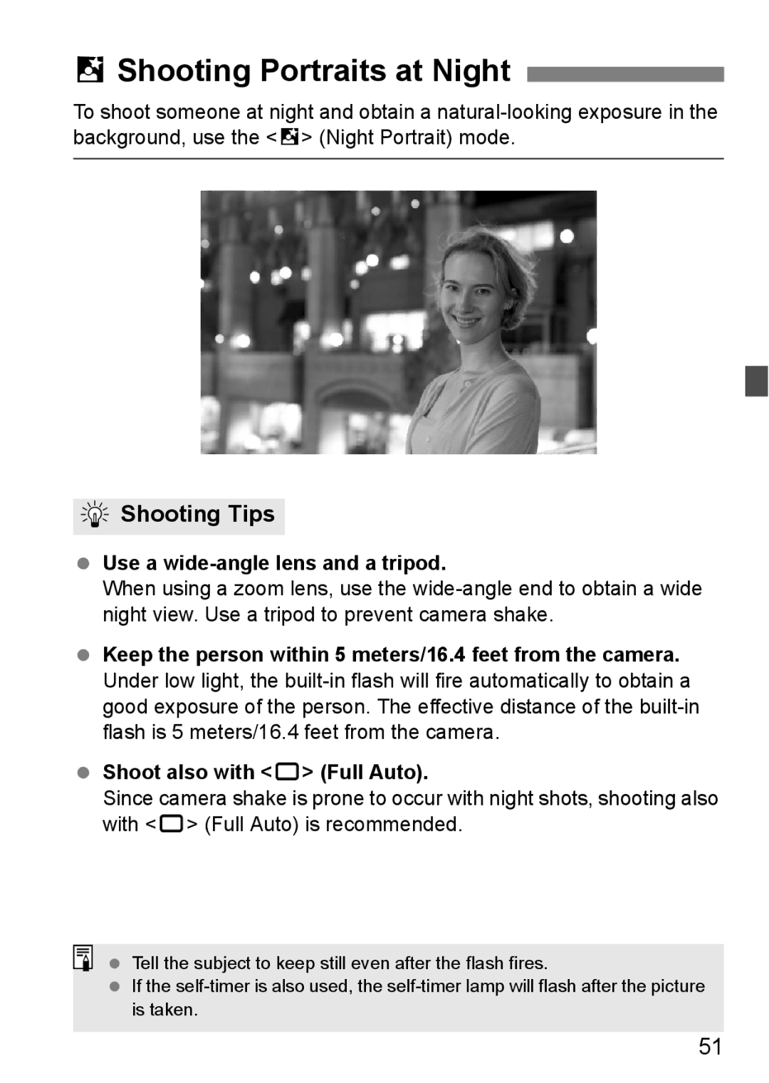 Canon EOS 1000D instruction manual 6Shooting Portraits at Night, Use a wide-angle lens and a tripod 