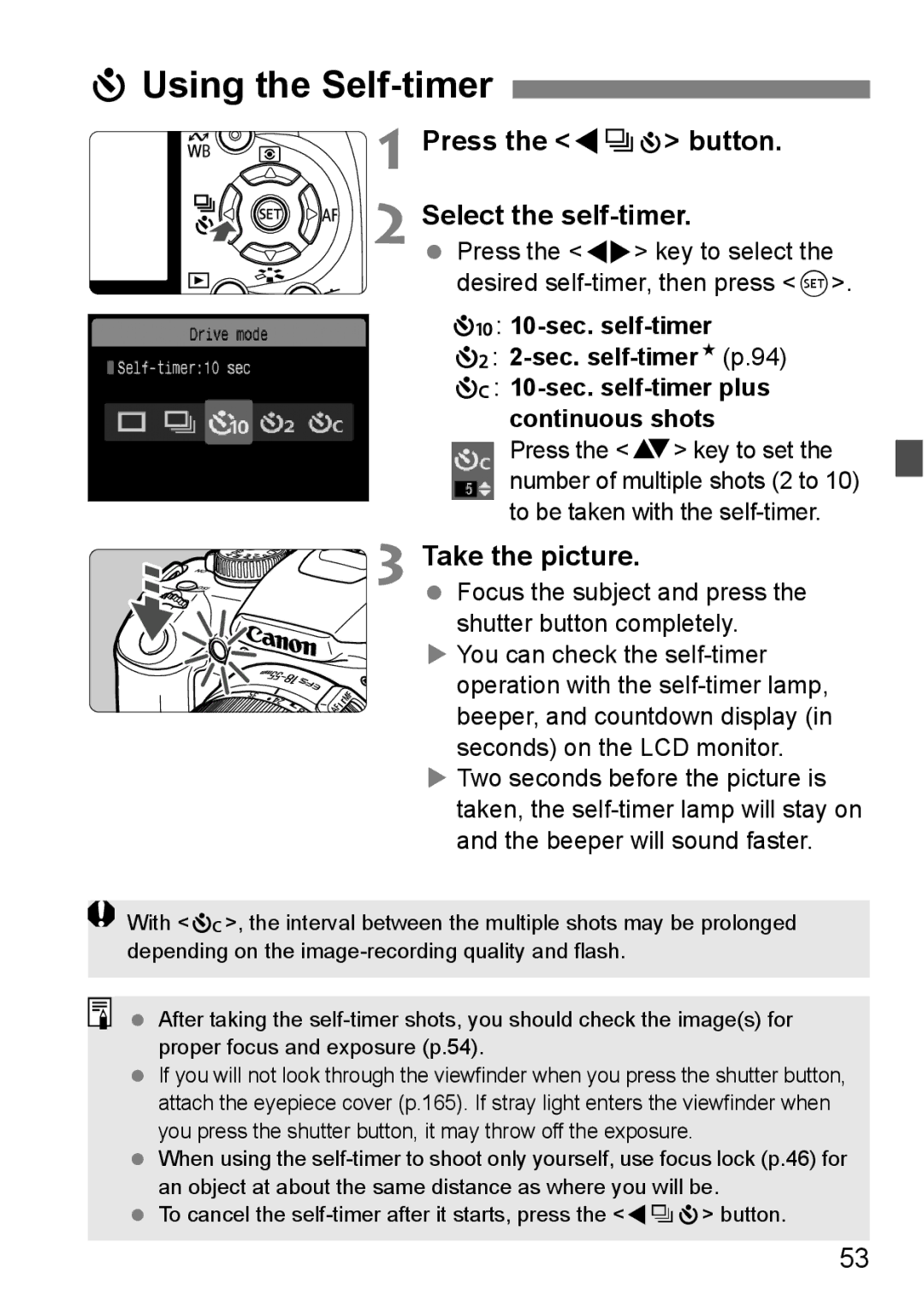 Canon EOS 1000D instruction manual Using the Self-timer, Press the Yij button Select the self-timer 