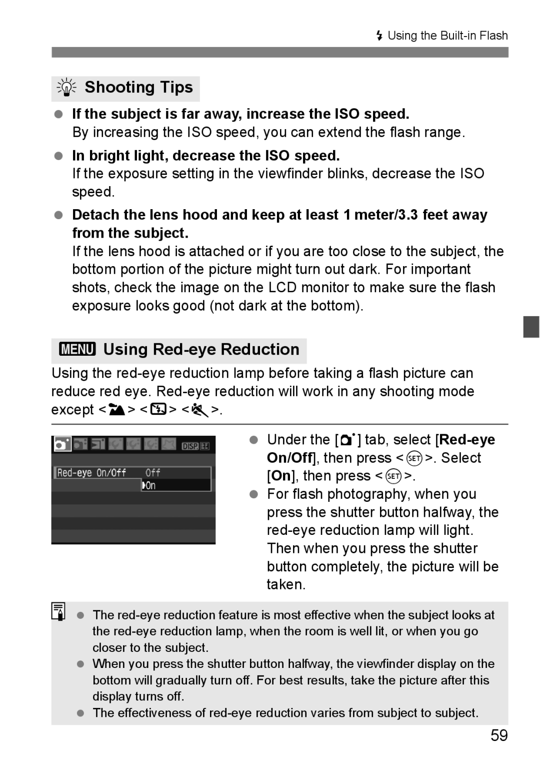 Canon EOS 1000D instruction manual 3Using Red-eye Reduction, If the subject is far away, increase the ISO speed 