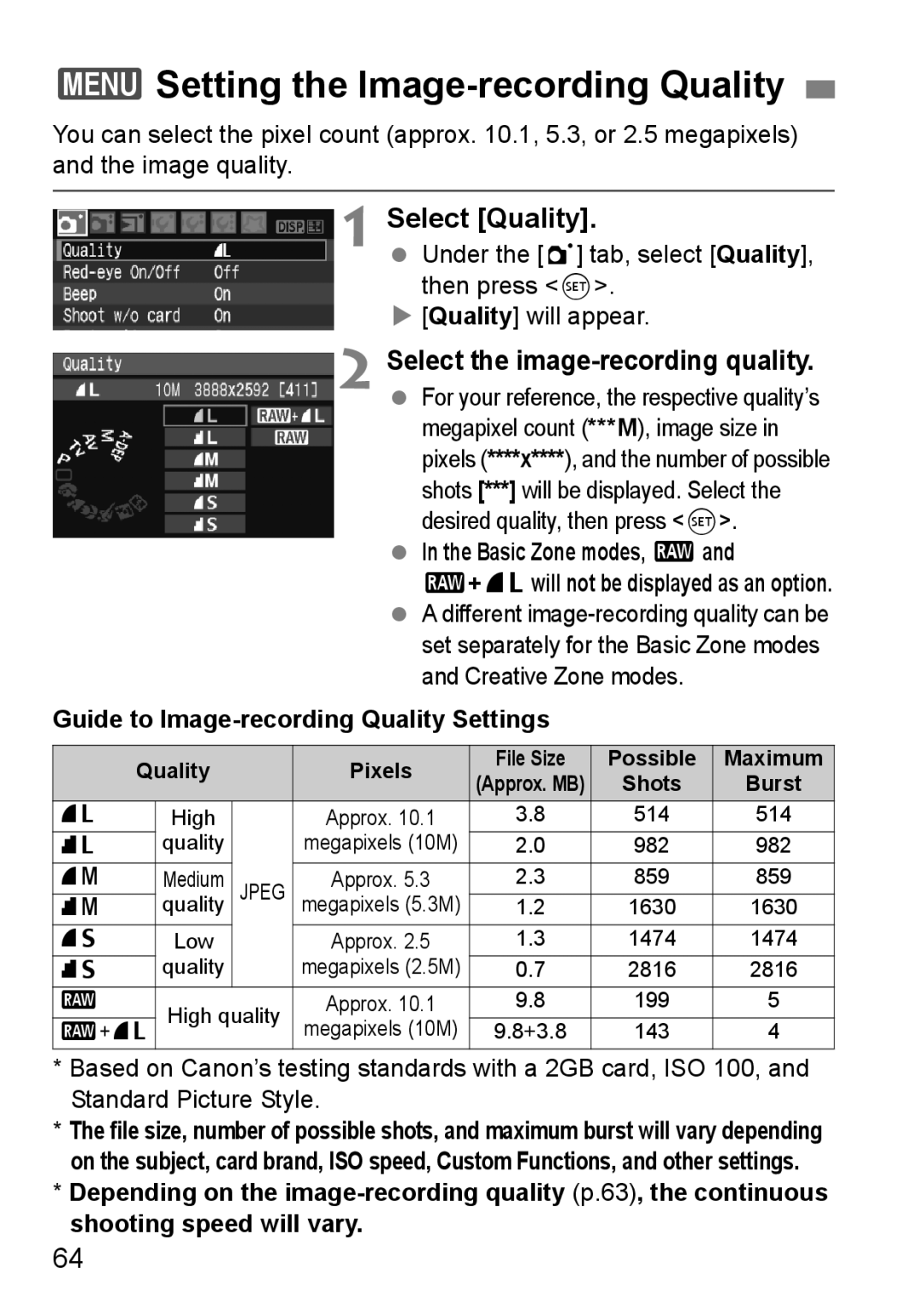 Canon EOS 1000D instruction manual 3Setting the Image-recording Quality, Select Quality, Select the image-recording quality 