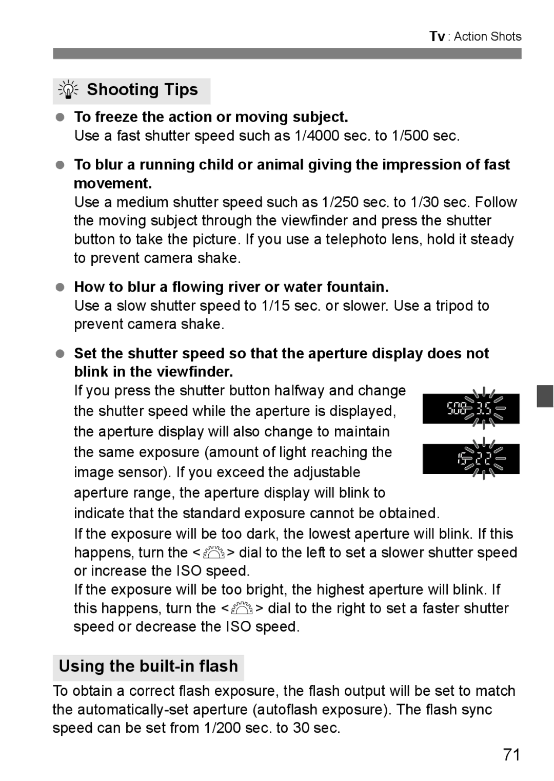 Canon EOS 1000D instruction manual Using the built-in flash, To freeze the action or moving subject 