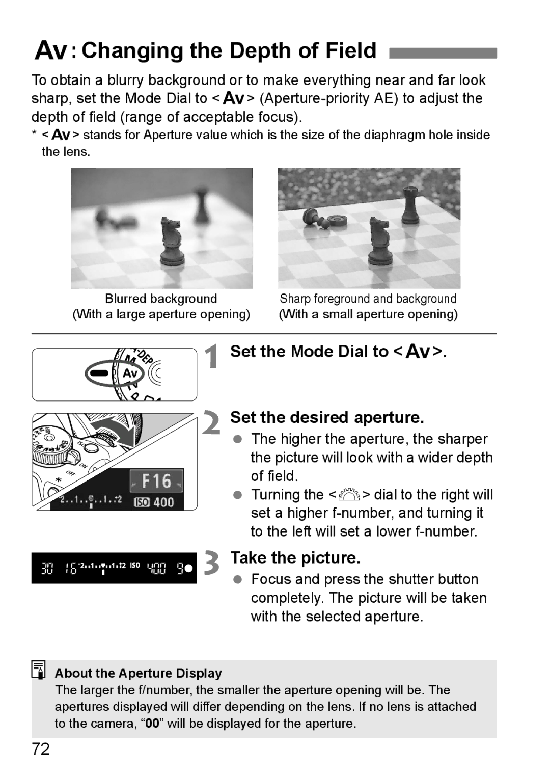 Canon EOS 1000D Changing the Depth of Field, Set the Mode Dial to f Set the desired aperture, About the Aperture Display 