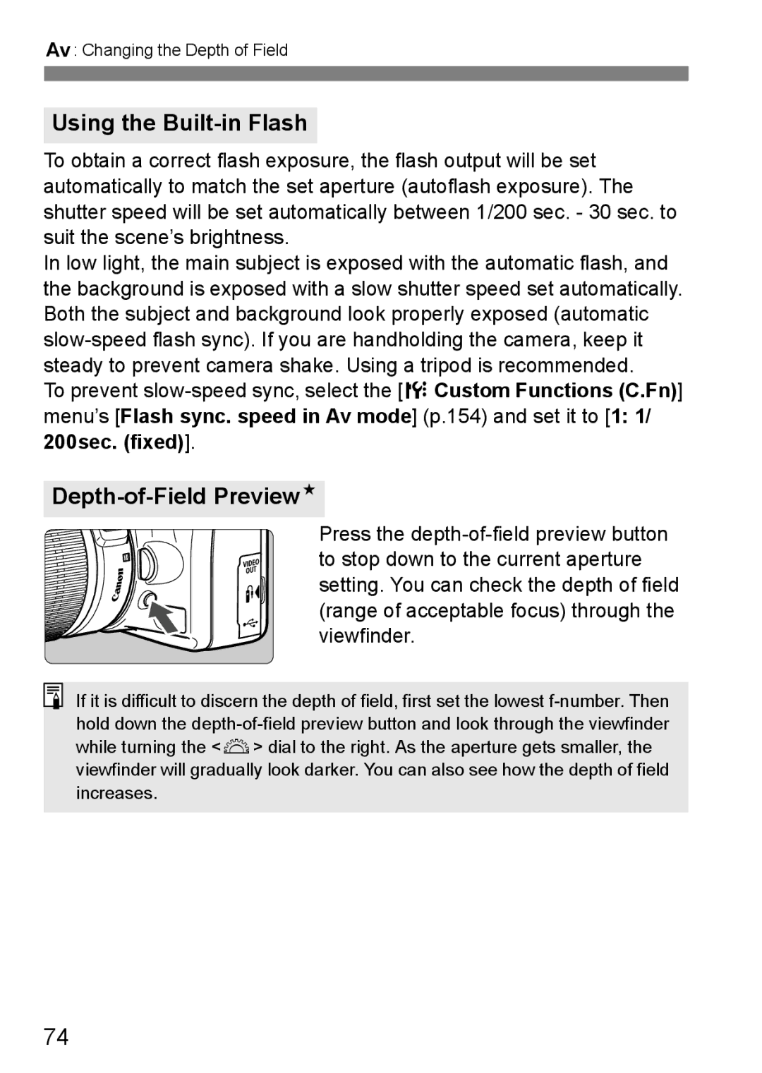 Canon EOS 1000D instruction manual Using the Built-in Flash, Depth-of-Field PreviewN 