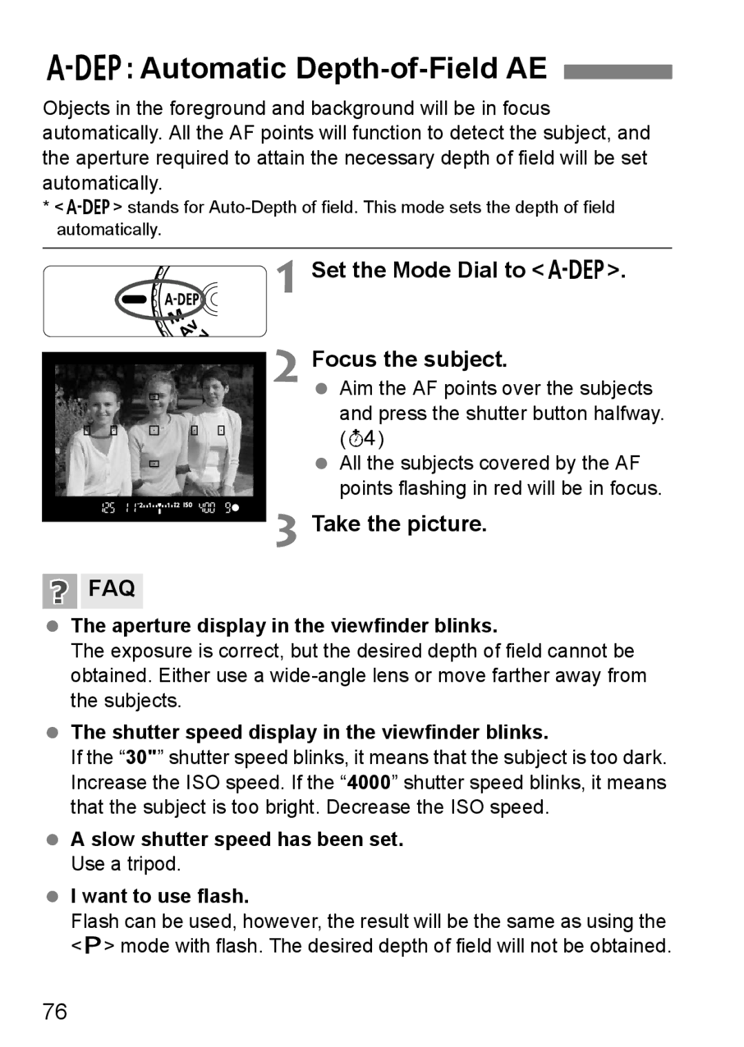 Canon EOS 1000D instruction manual Automatic Depth-of-Field AE, Set the Mode Dial to Focus the subject 