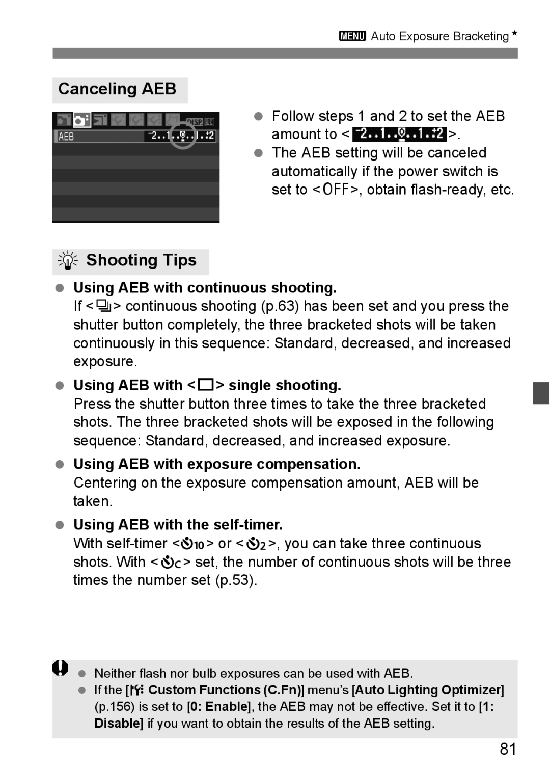 Canon EOS 1000D instruction manual Canceling AEB, Using AEB with continuous shooting, Using AEB with u single shooting 