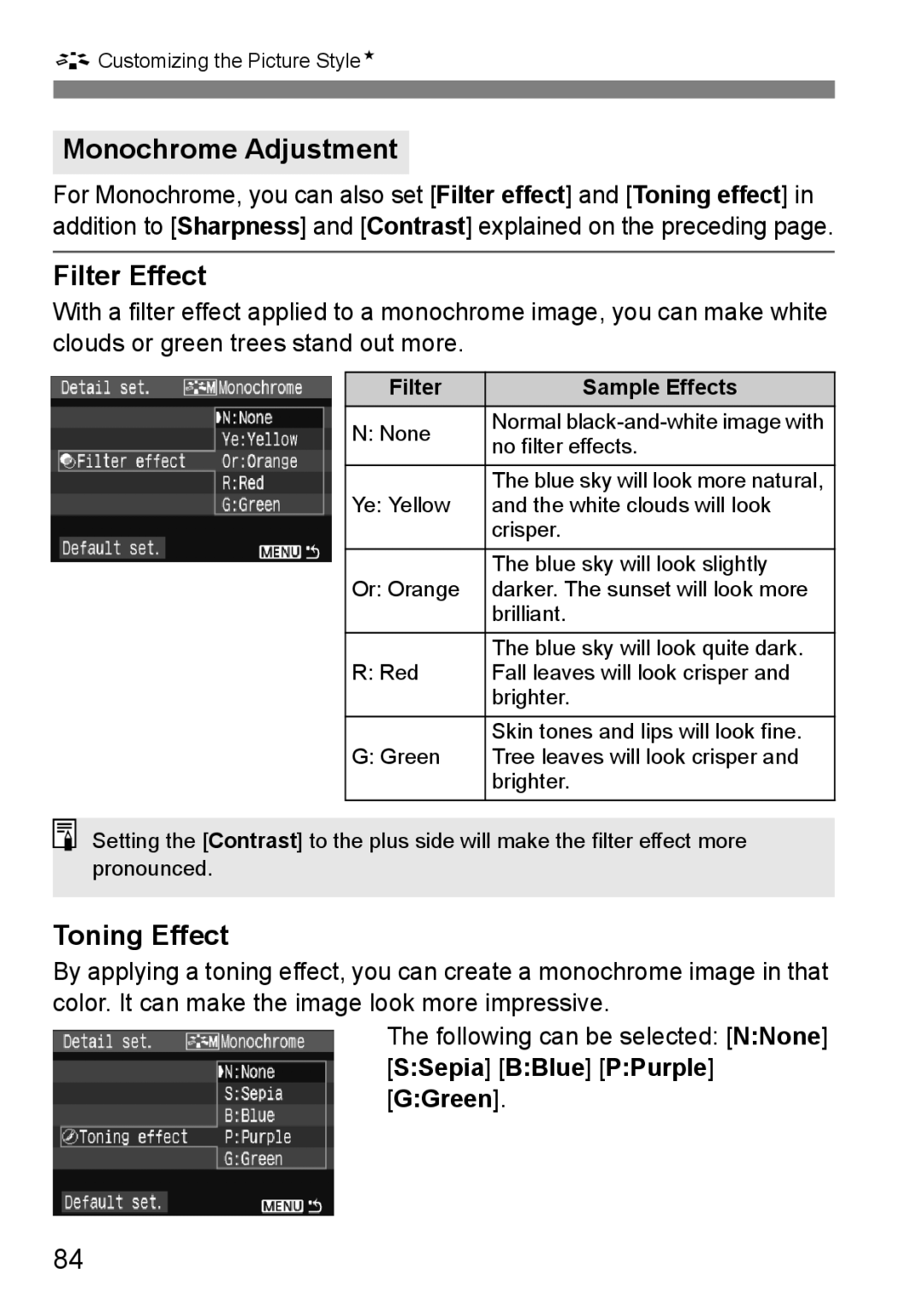 Canon EOS 1000D instruction manual Monochrome Adjustment, Filter Effect, Toning Effect, Filter Sample Effects 