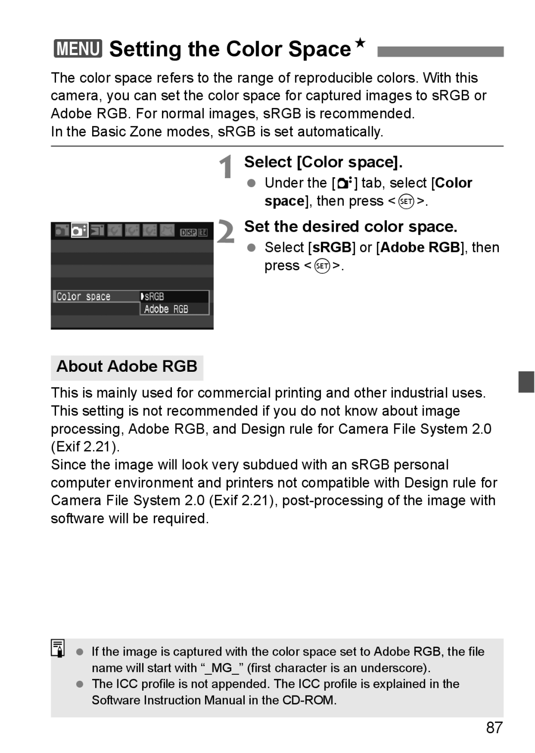 Canon EOS 1000D instruction manual 3Setting the Color SpaceN, Select Color space, About Adobe RGB 