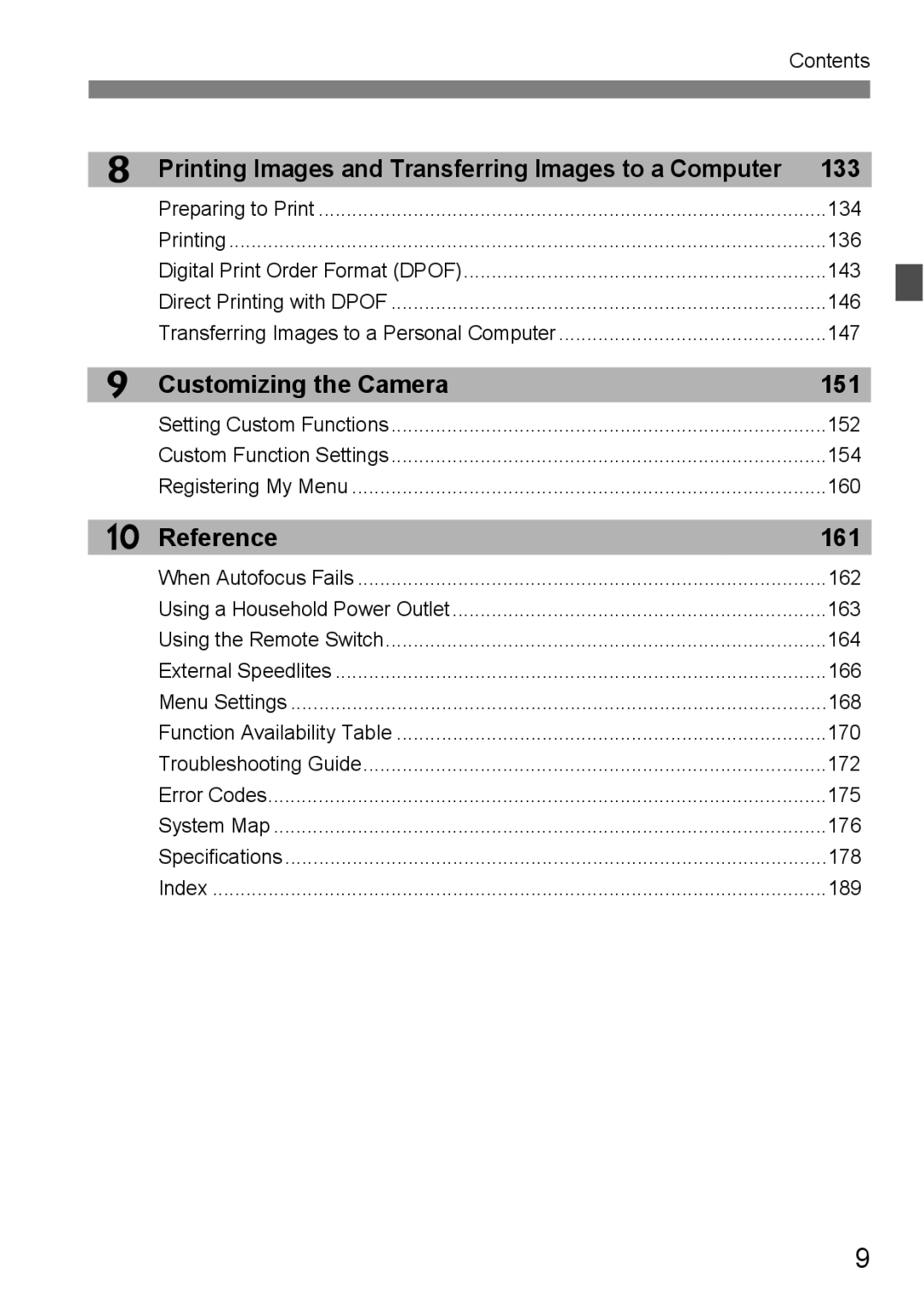 Canon EOS 1000D instruction manual 133, Customizing the Camera 151, Reference 161 