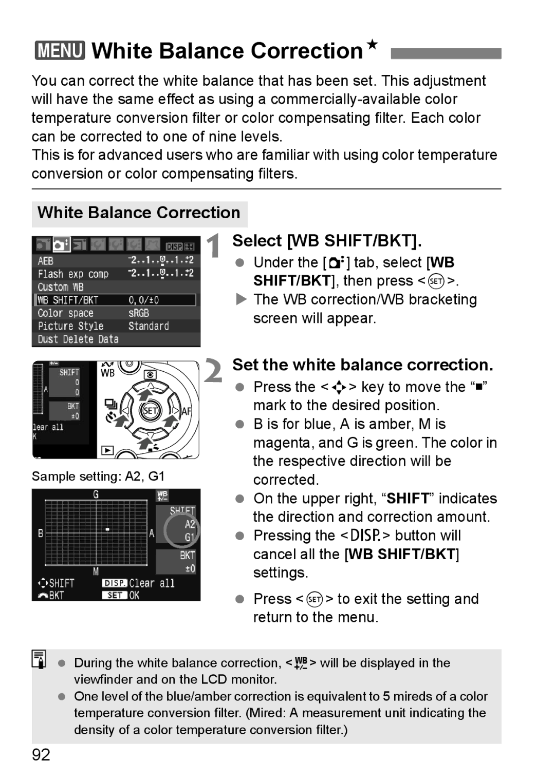 Canon EOS 1000D instruction manual 3White Balance CorrectionN, Set the white balance correction 