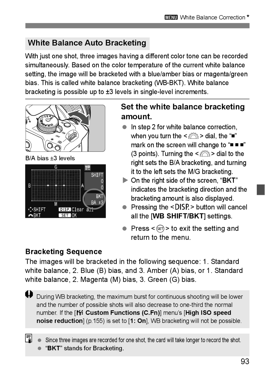 Canon EOS 1000D White Balance Auto Bracketing, Set the white balance bracketing amount, Bracketing Sequence 