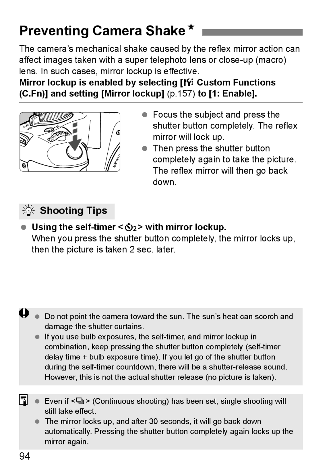 Canon EOS 1000D instruction manual Preventing Camera ShakeN, Using the self-timer l with mirror lockup 