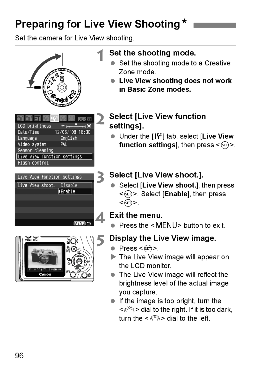 Canon EOS 1000D Preparing for Live View ShootingN, Set the shooting mode, Select Live View function settings 