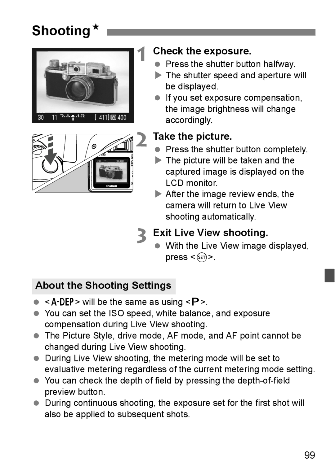 Canon EOS 1000D instruction manual ShootingN, Check the exposure, Exit Live View shooting, About the Shooting Settings 